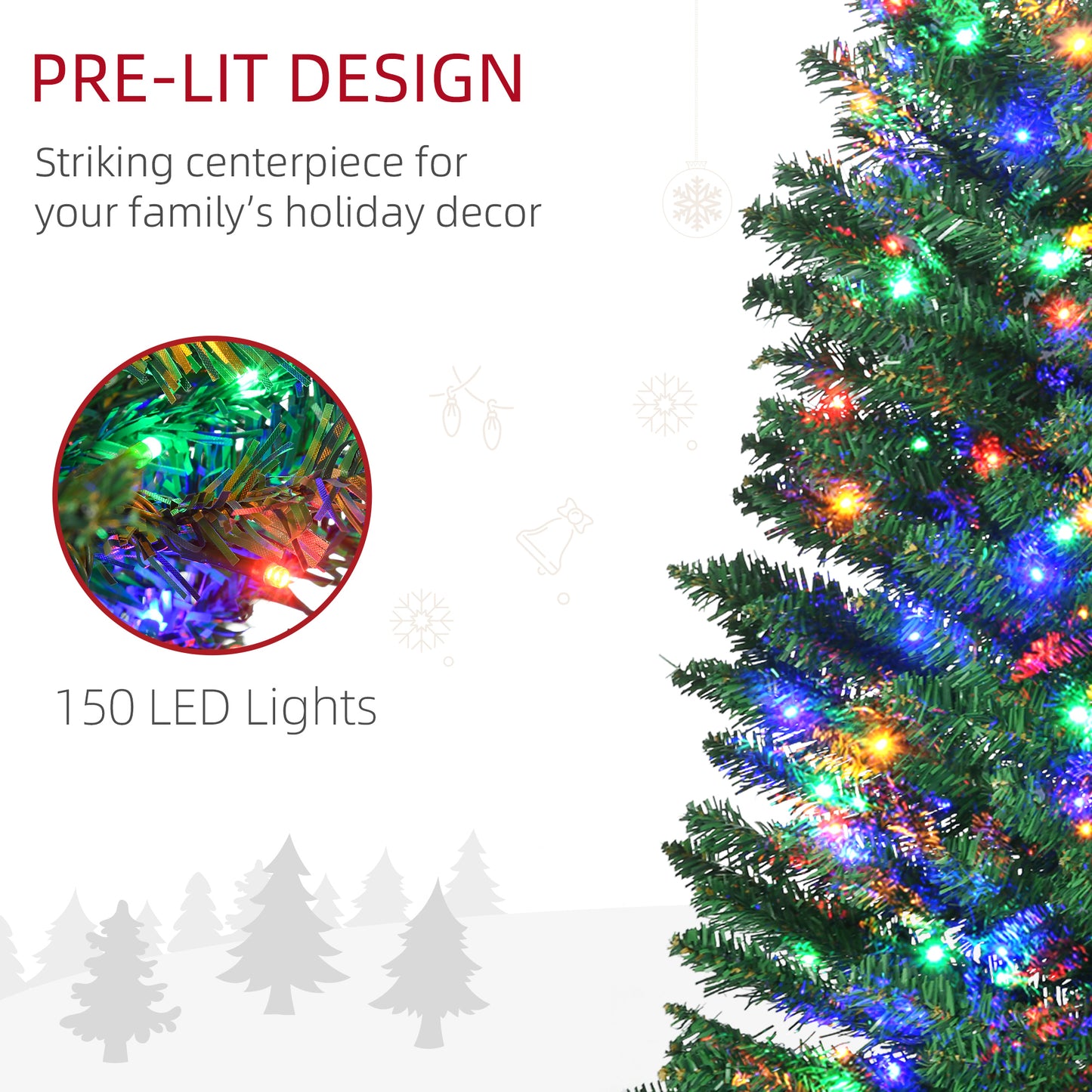 HOMCOM 6' Artificial Prelit Christmas Trees with Colourful LED Lights, Pencil Shape, Steel Base