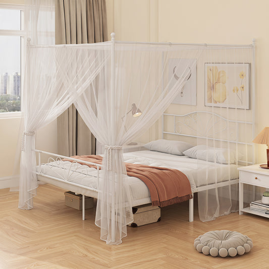 HOMCOM Canopy Bed Frame King Size, Metal Platform Bed Frame with Headboard and Footboard, Underbed Storage, White