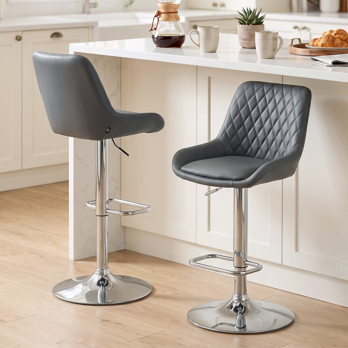 HOMCOM Grey Bar Stools Set of 2, Upholstered Retro Bar and Kitchen Chairs with Back, Swivel Seat, PU, Dark Grey