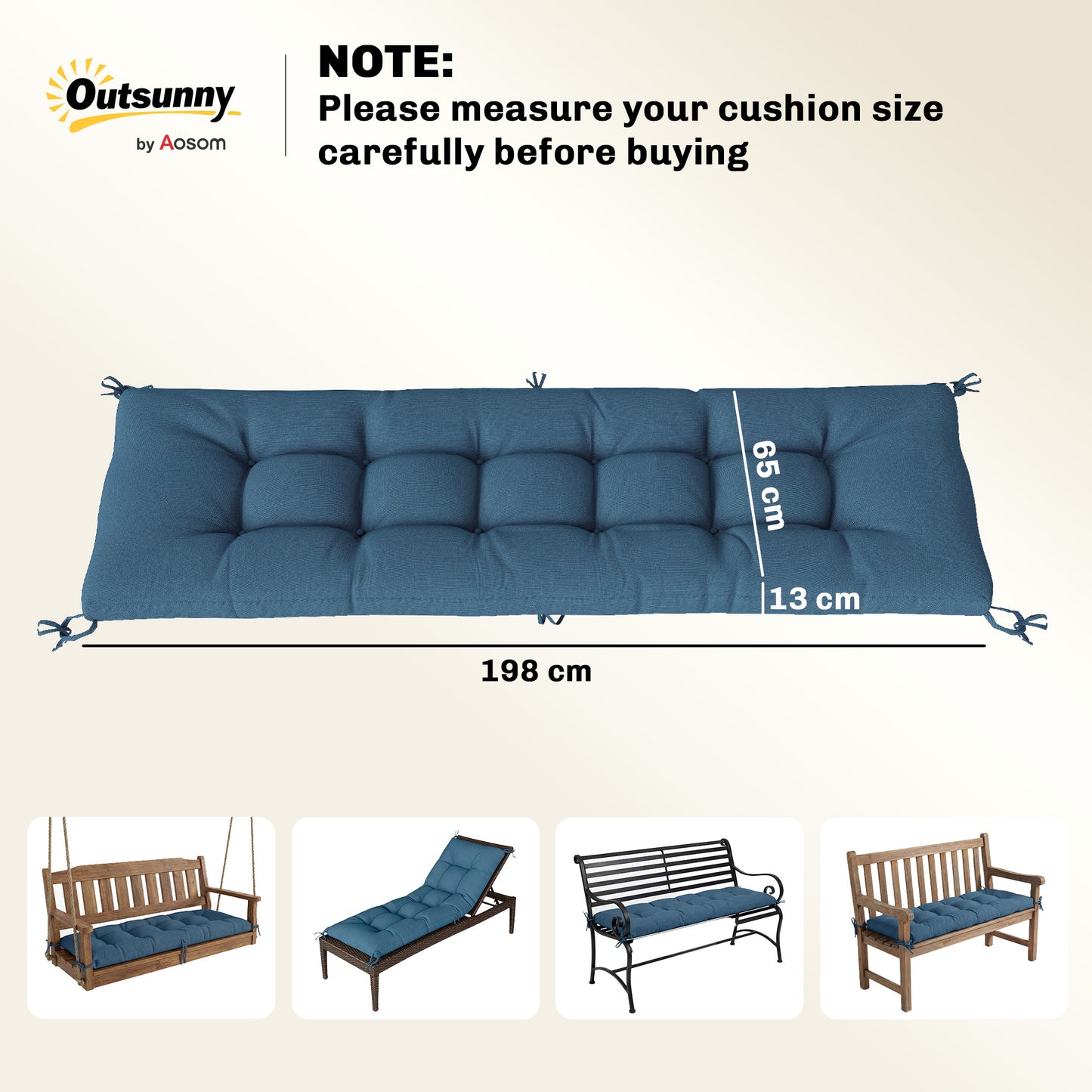 Outsunny Sun Lounger Cushion, Memory Foam Patio Chair Cushion with Ties, Outdoor Seat Pad Fits 190 x 60 cm Lounger, Blue