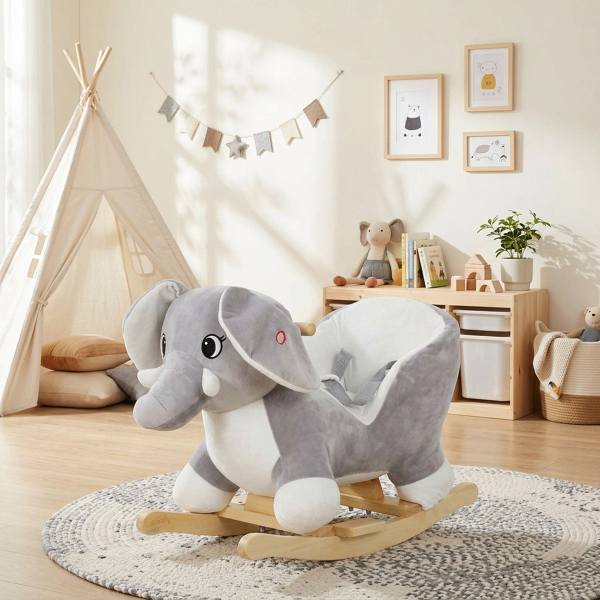 AIYAPLAY Elephant Rocking Horse, Plush Ride on Horse with Animal Sounds, Security Belt, Rocking Stopper for 18-36 Months, Grey