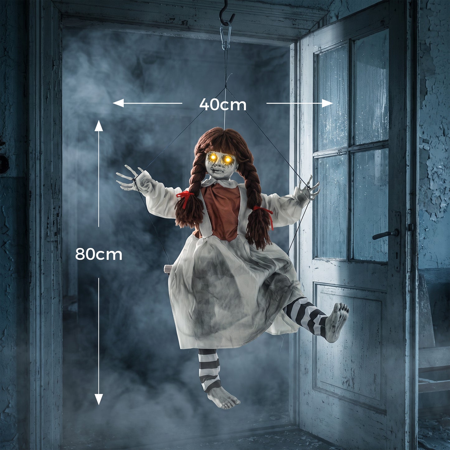 HOMCOM 80 cm Halloween Animated Hanging Creepy Girl on Swing Decoration, Kicking Legs, Sound and Touch Activated