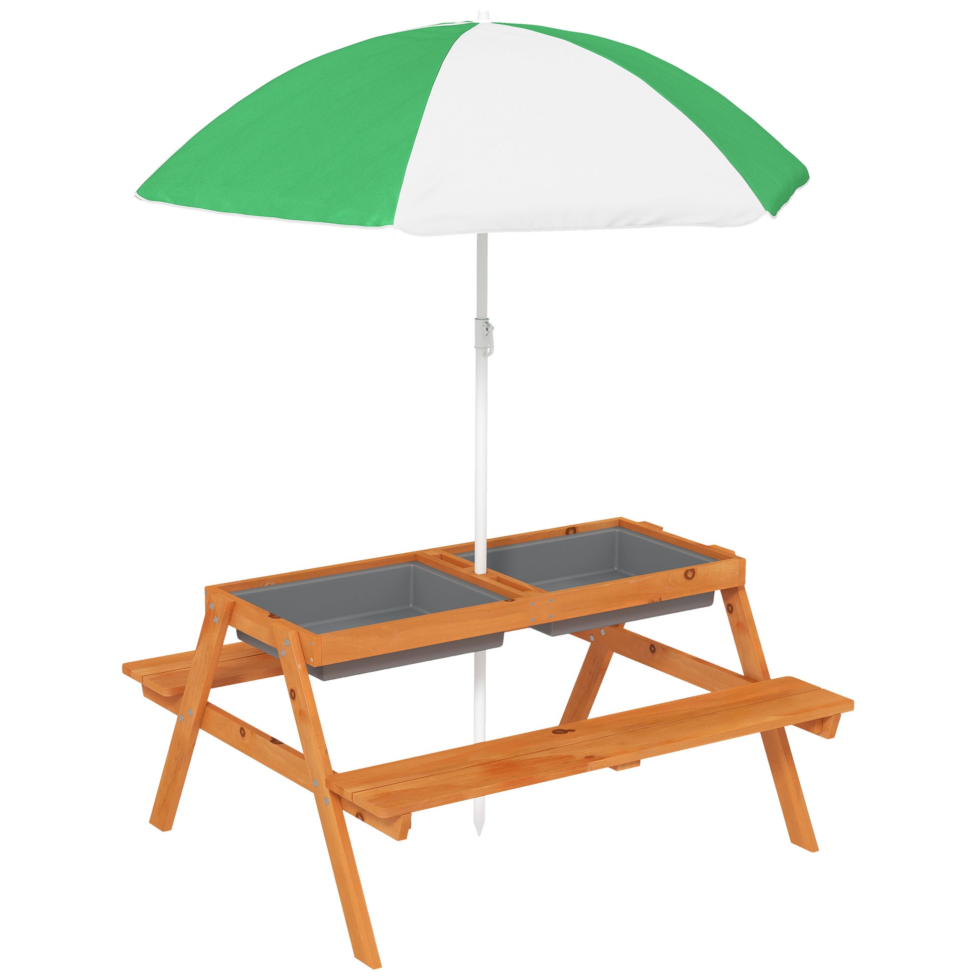 Outsunny Kids Picnic Table with Benches, Wooden Sand and Water Table, Adjustable Parasol, Storage Bins, for Kids 3-6 Years, Brown Default Title