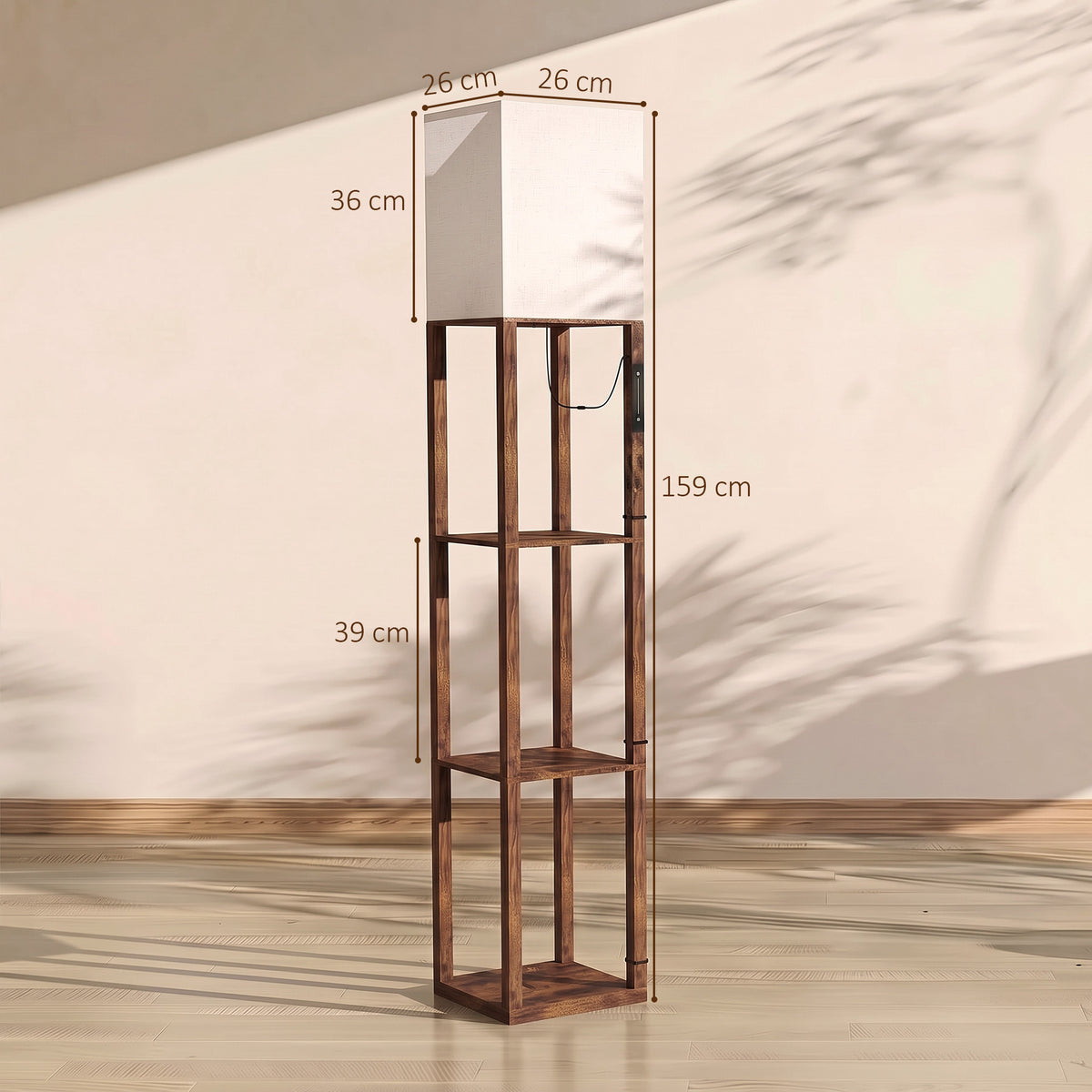 HOMCOM Floor Lamp with Shelves, Modern Dimmable Standing Lamp with Fabric Shade, Adjustable Colour Temperature, Rustic Brown