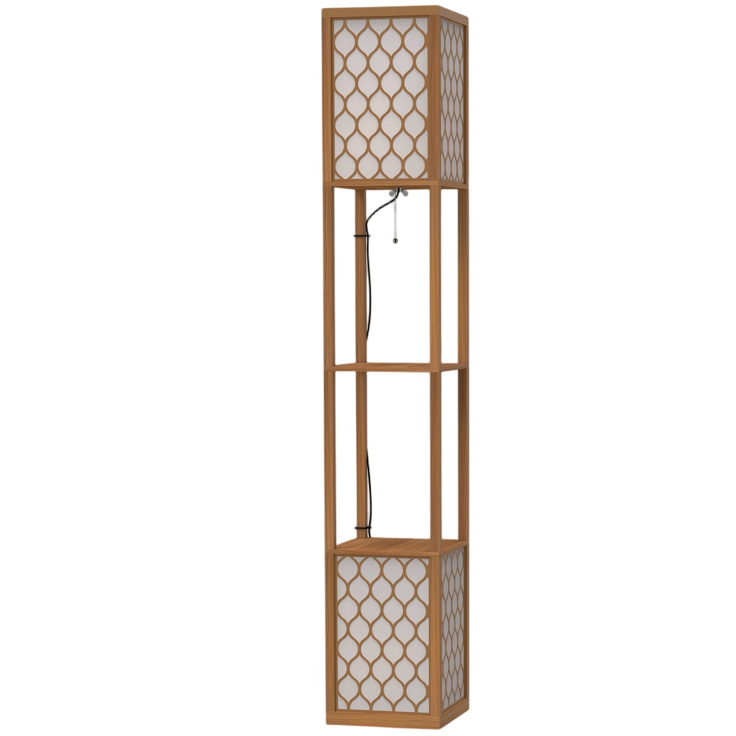 HOMCOM Floor Lamp with Shelves, Modern Tall Standing Lamp with Fabric Lampshades, Zipper Switch, Natural Wood Finish