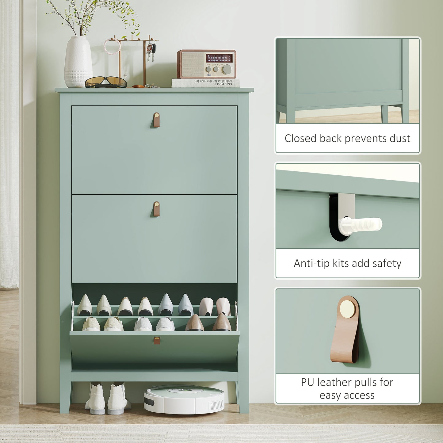 HOMCOM Modern Three-Drawer Shoe Cabinet - Green