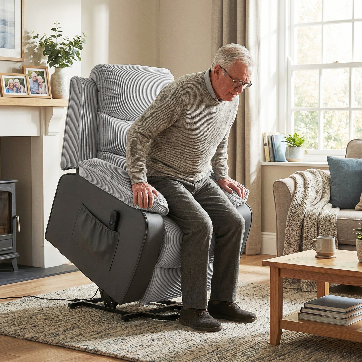 HOMCOM Power Lift Chair for Elderly, Corduroy Recliner with Wide Seat, High Back, USB Port, Side Pockets, Light Grey