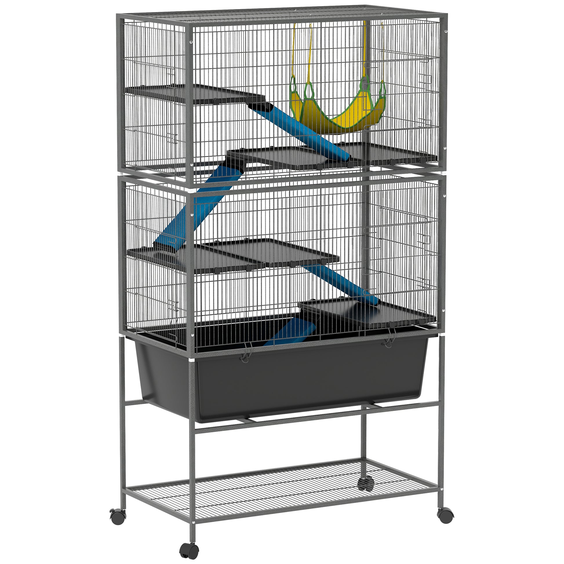PawHut 5 Levels Rolling Small Animal Cage with Non Slip Ramps, Slide Out 16cm Deep Tray, 88 x 48 x 150.5cm, Dark Grey Default Title