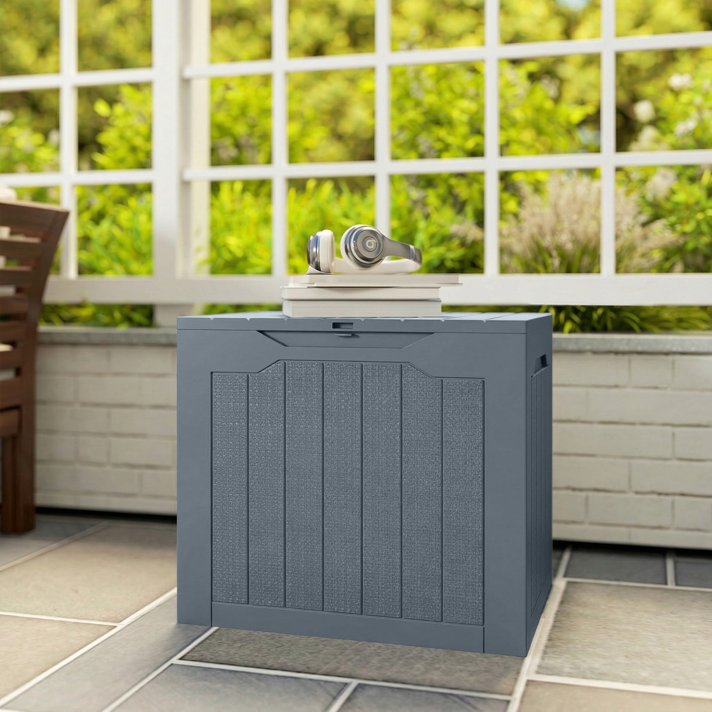 Outsunny 97L Plastic Garden Storage Box, Outdoor Storage Box with Handles, Waterproof Outdoor Storage Container, Light Grey