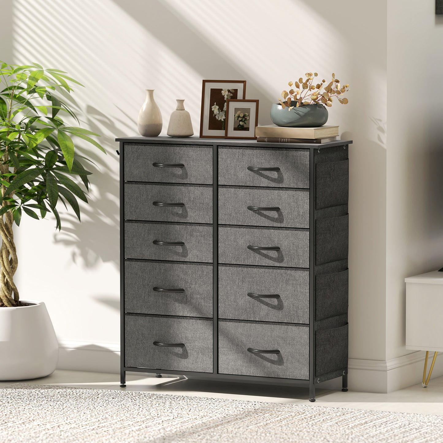 HOMCOM Chest of Ten Fabric Drawers - Charcoal Grey