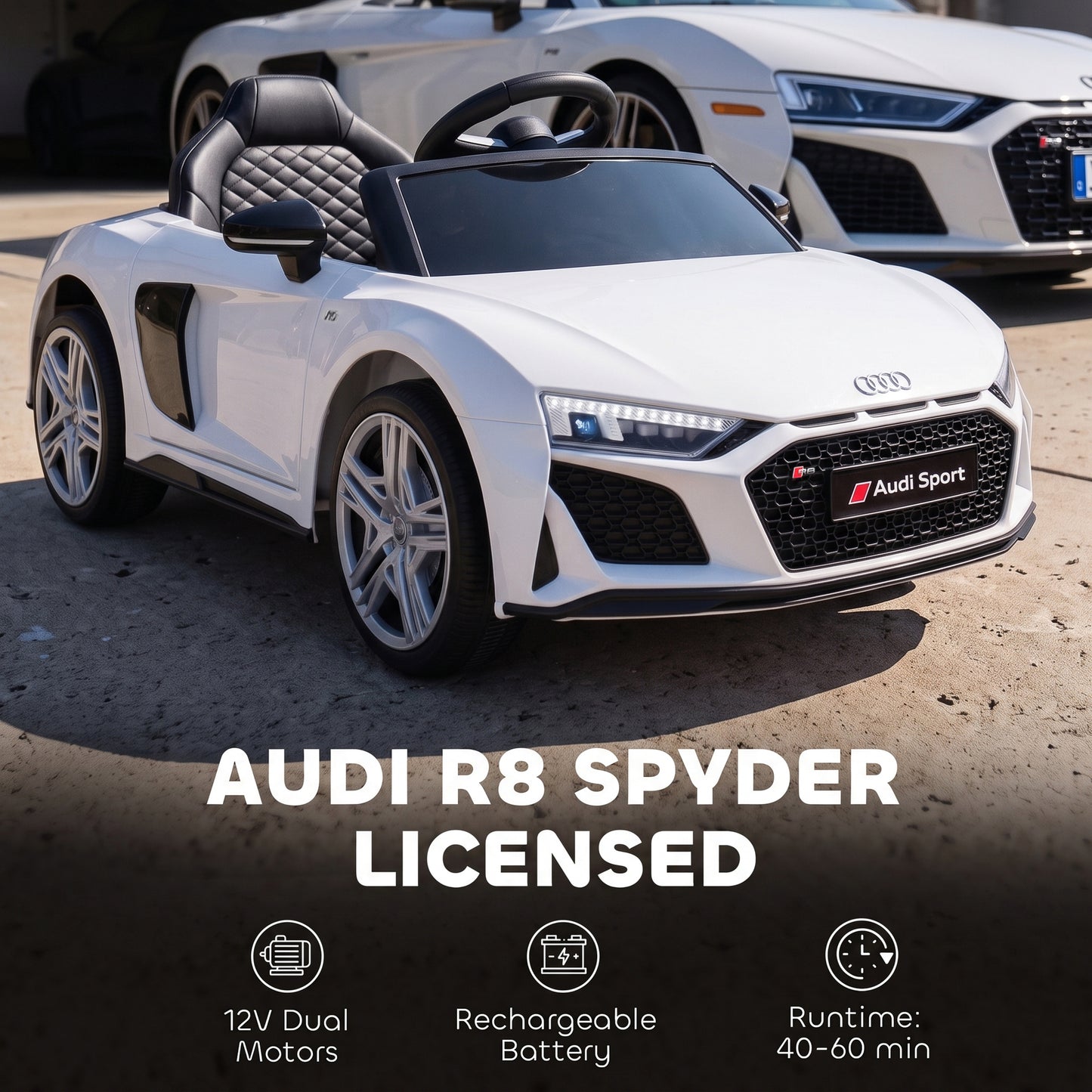 AIYAPLAY Licensed Audi R8 Spyder 12V Electric Car for Kids with Remote Control, Dual Motors, Rear Suspension, Soft Start, White