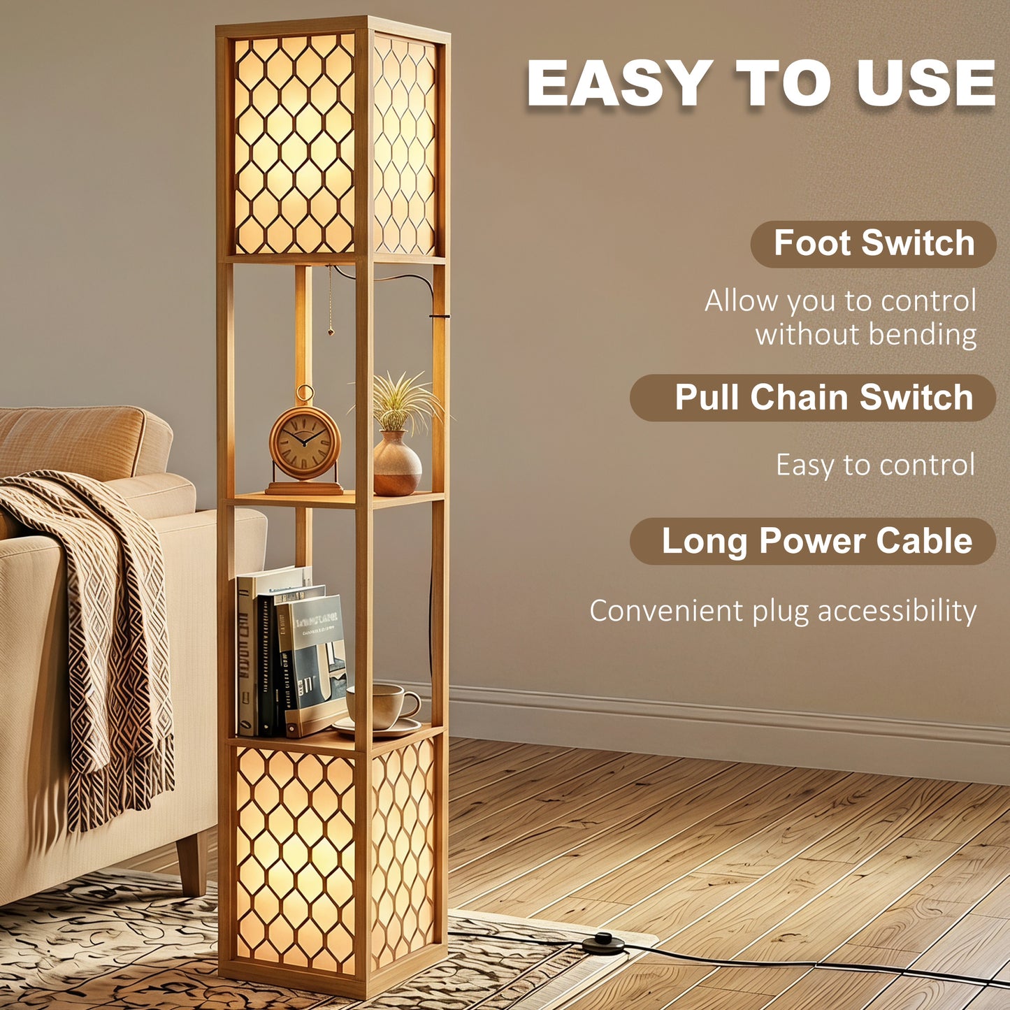 HOMCOM Floor Lamp with Shelves, Modern Tall Standing Lamp with Fabric Lampshades, Zipper Switch, Natural Wood Finish