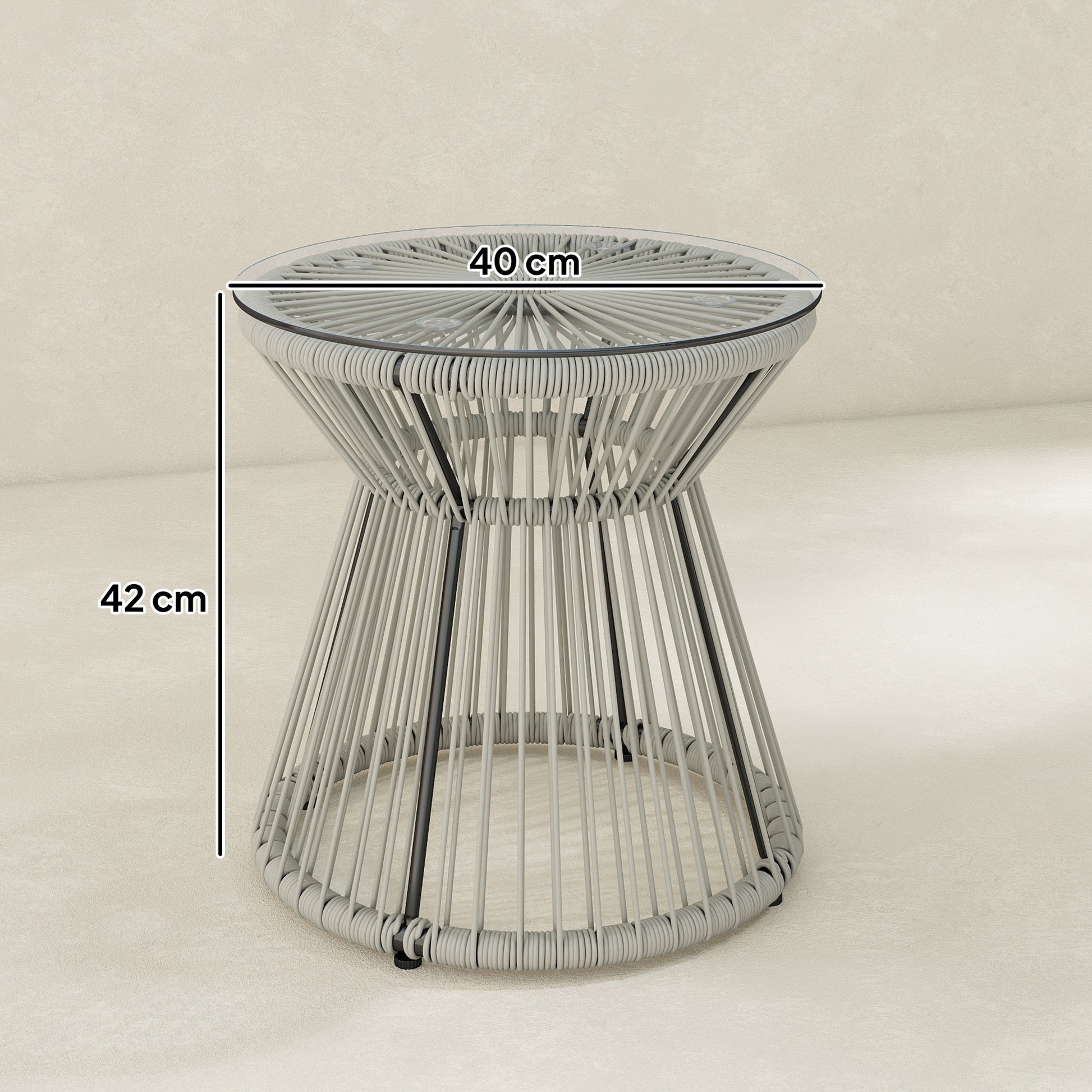 Outsunny Rattan Outdoor Coffee Table, PE Rattan Wicker Bistro Side Table with Tempered Glass Top, Light Grey