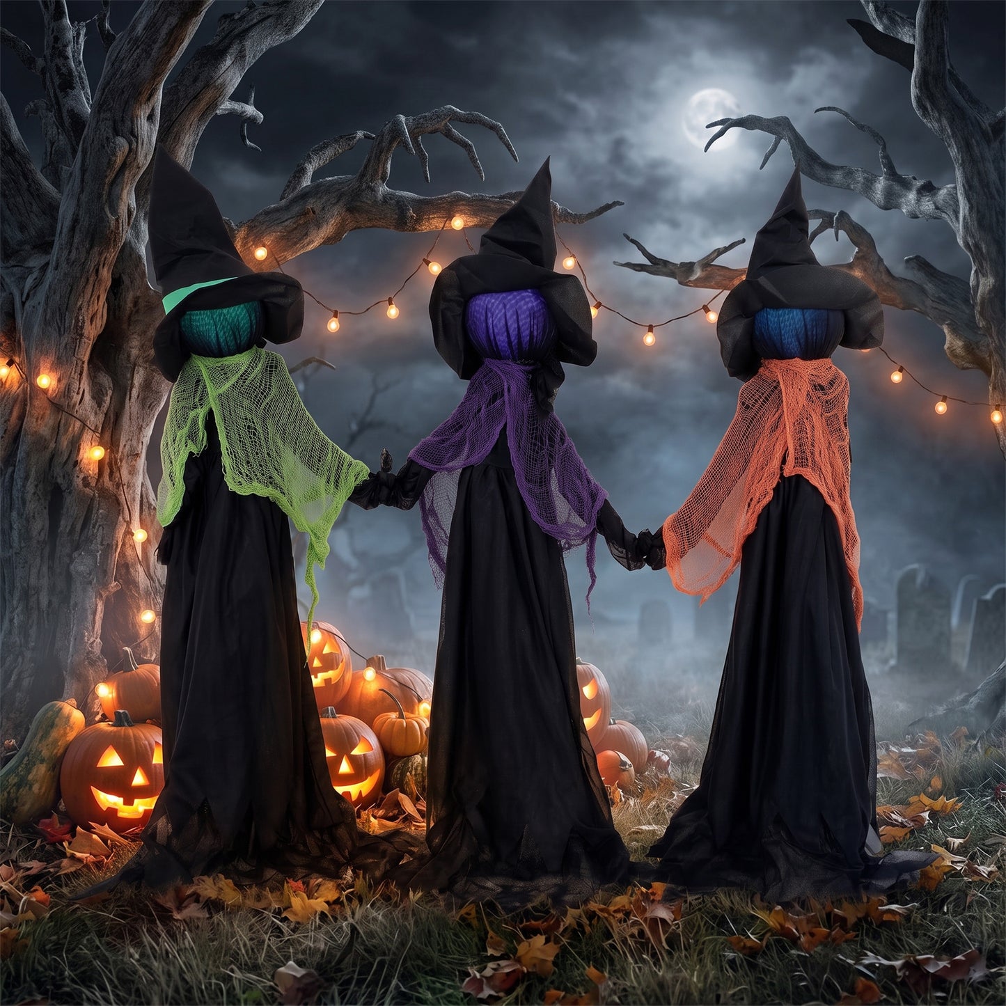 HOMCOM 120cm Witches Holding Hands Halloween Decorations Outdoor Indoor, Scary Halloween Witch Decor with Light-Up Heads