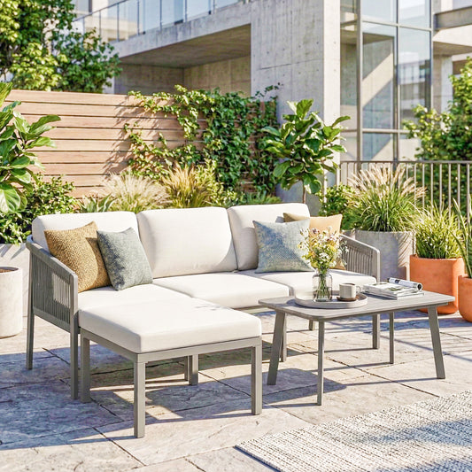 Outsunny 3 Piece Garden Dining Set, Outdoor Patio Furniture with 3 Seater Sofa, Footstool, Coffee Table and Cuhsions