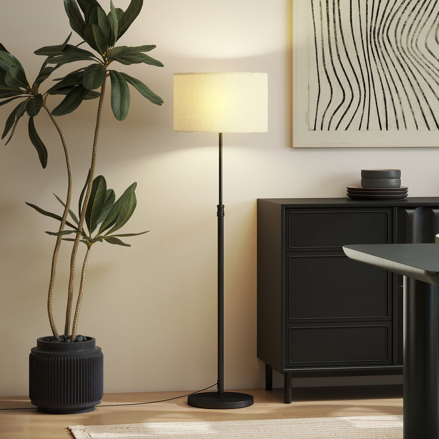 HOMCOM Floor Lamp with Remote, Height Adjustable Standing Lamp with Linen Shade, Dimmable with 3000K-6000K Adjustable Colour Temperatures, Foot Switch for Living Room Bedroom Office, Black