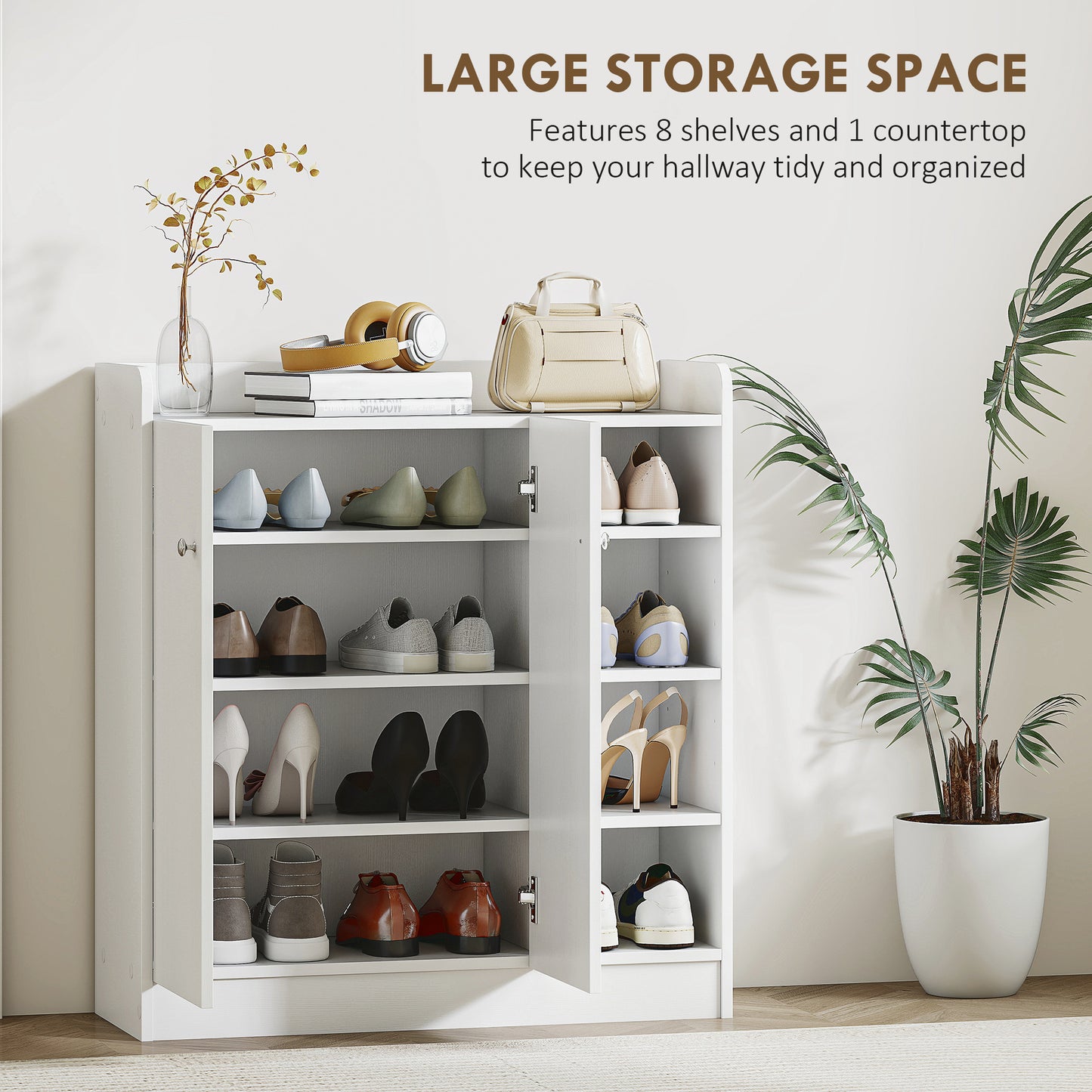 HOMCOM Shoe Storage Cabinet  Two Doors w/ Adjustable 4 Shelves Cupboard Footwear Rack Stand Organiser Hallway White
