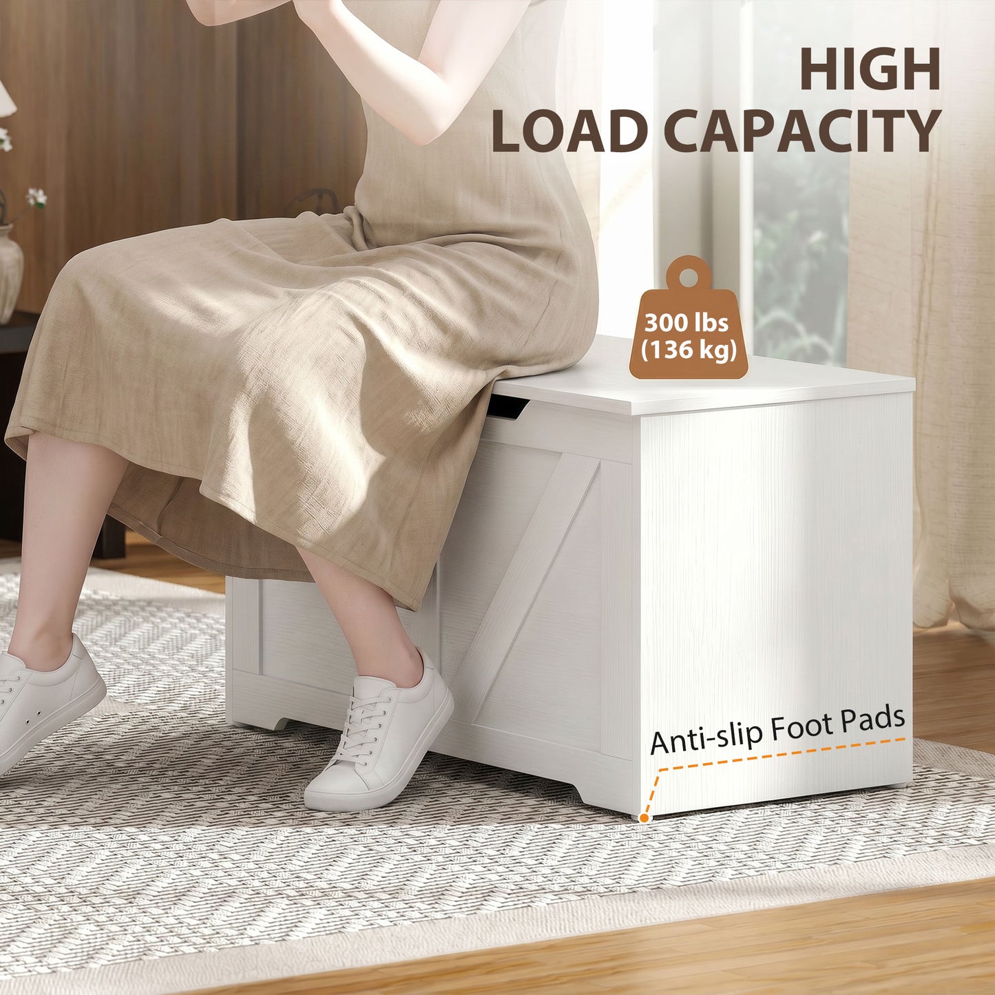 HOMCOM 100L Home Storage Box, with Safety Hinge - White Wood-Effect