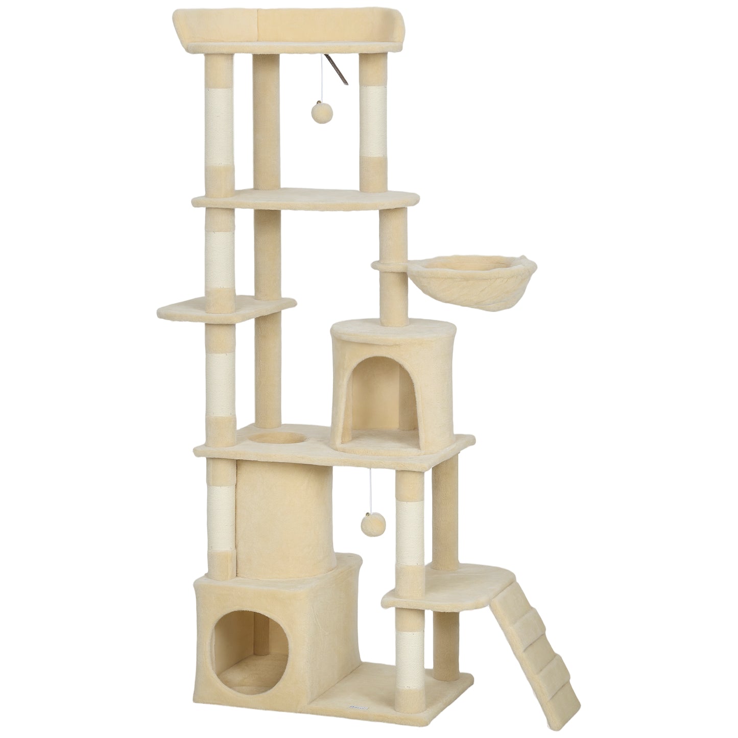 PawHut 170 cm Large Cat Tree, Cat Tower with 7 Scratching Posts, Tunnel, 2 Condos, Hammock, Perch, Ramp, Pompoms, Beige Default Title