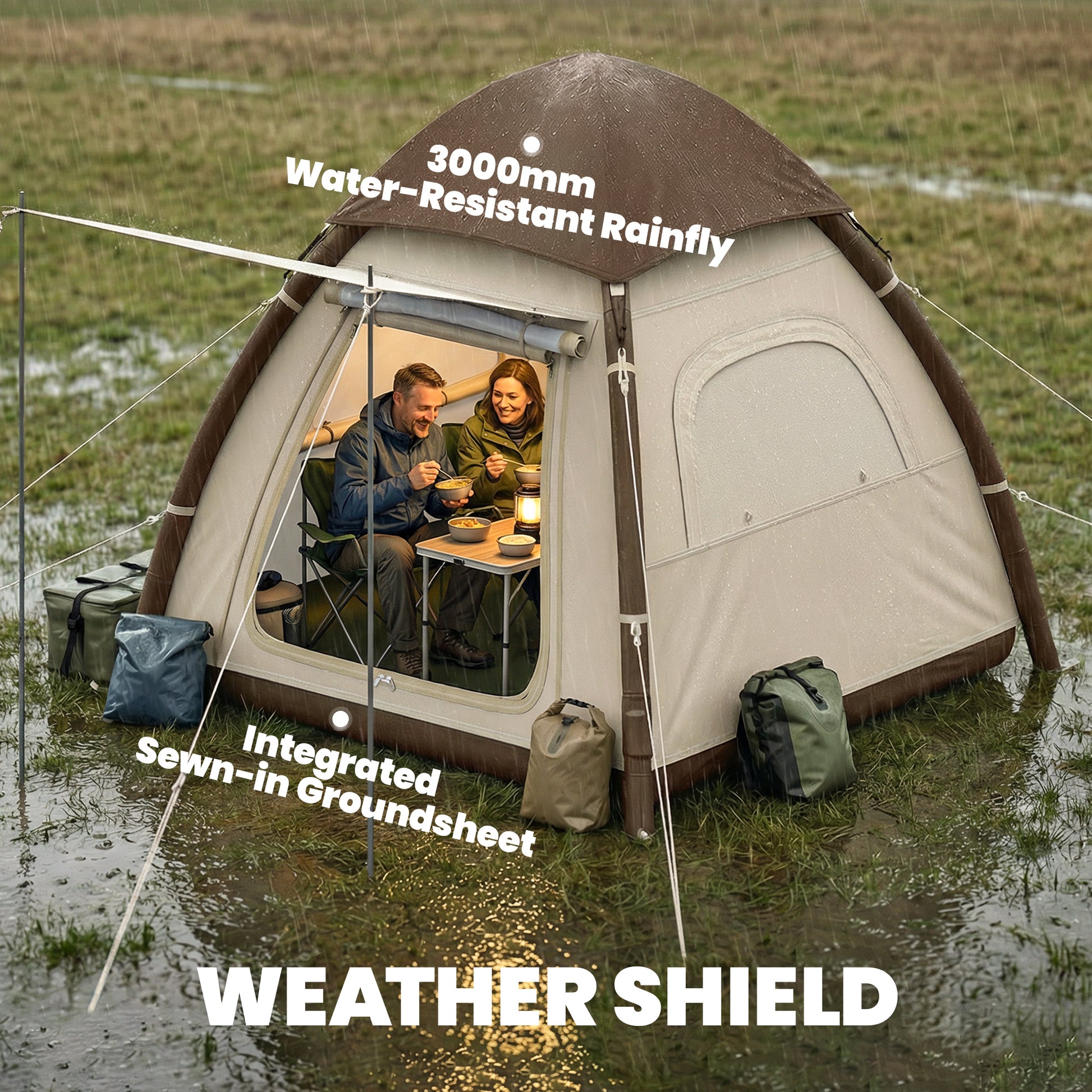 Outsunny Inflatable Camping Tent with Rainfly, 3 Man Air Tent 3000mm Waterproof Blow Up Tents, Cream