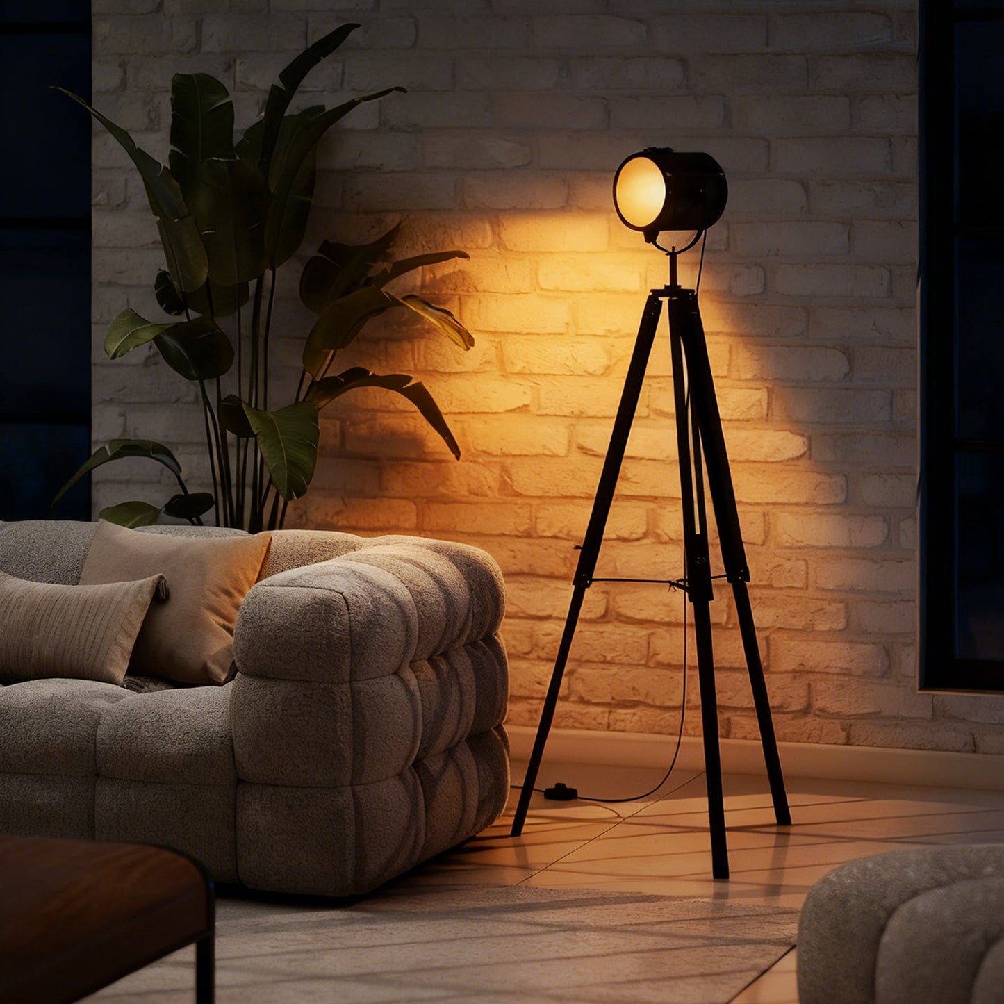 HOMCOM Industrial Tripod Floor Lamp, Nautical Searchlight with Adjustable Height, Wood Legs, E14 Lamp Base for Living Room, Bedroom, Black