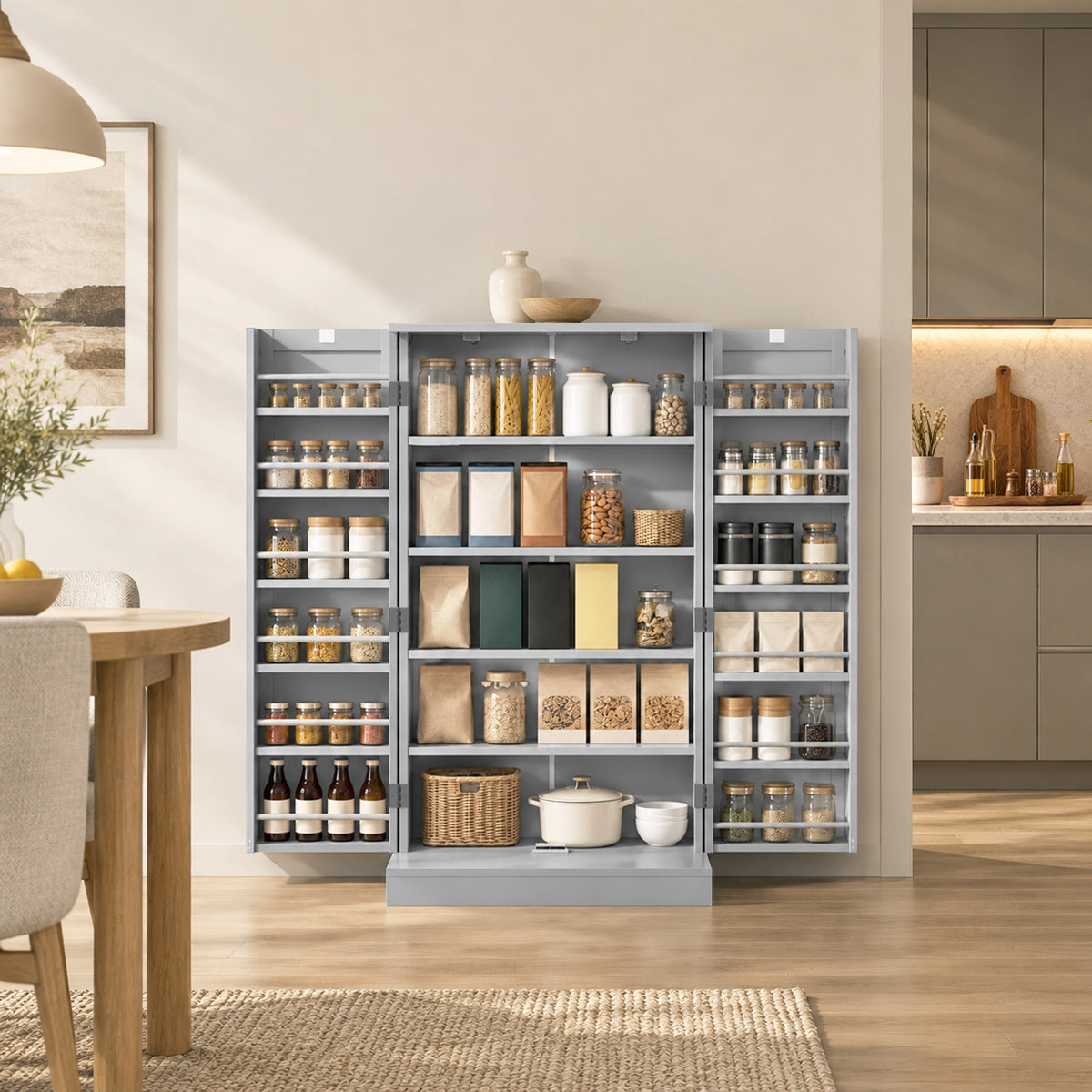 HOMCOM Kitchen Cupboard, Freestanding Multi-Storage Kitchen Pantry Cabinet with Adjustable Shelves, Grey