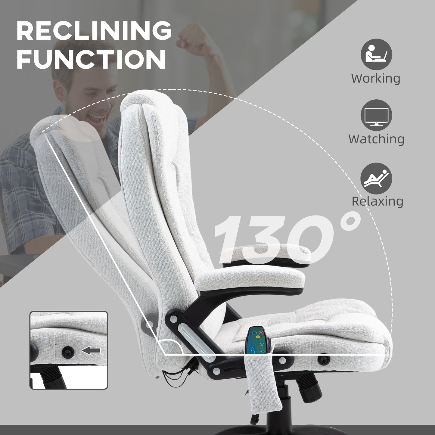 Vinsetto Massage Recliner Chair Heated Office Chair with Six Massage Points Linen-Feel Fabric 360Â° Swivel Wheels Cream White