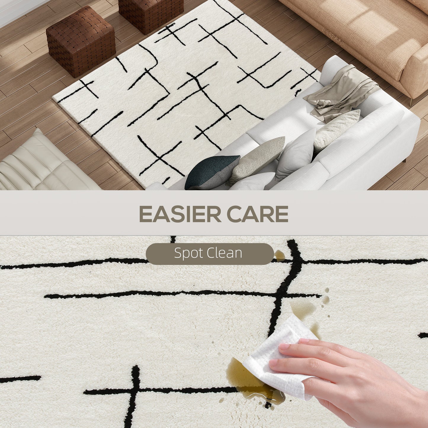 HOMCOM Modern Fluffy Area Rug, Geometric Pattern Washable Rug, Soft High Pile Floor Carpet for Living Room, Bedroom, Dining Room, Home Office, 170 x 120 cm, Cream