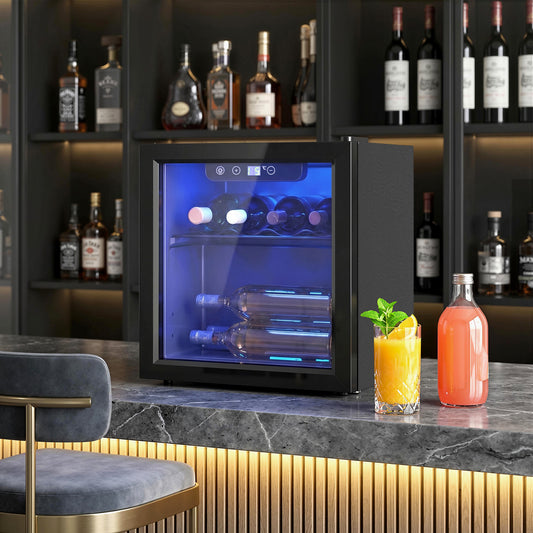 HOMCOM 12 Bottle Wine Cooler, 36 Litre Capacity, 4-16Â°C Tabletop Drinks Wine Fridge with Glass Door, LED Light, Black