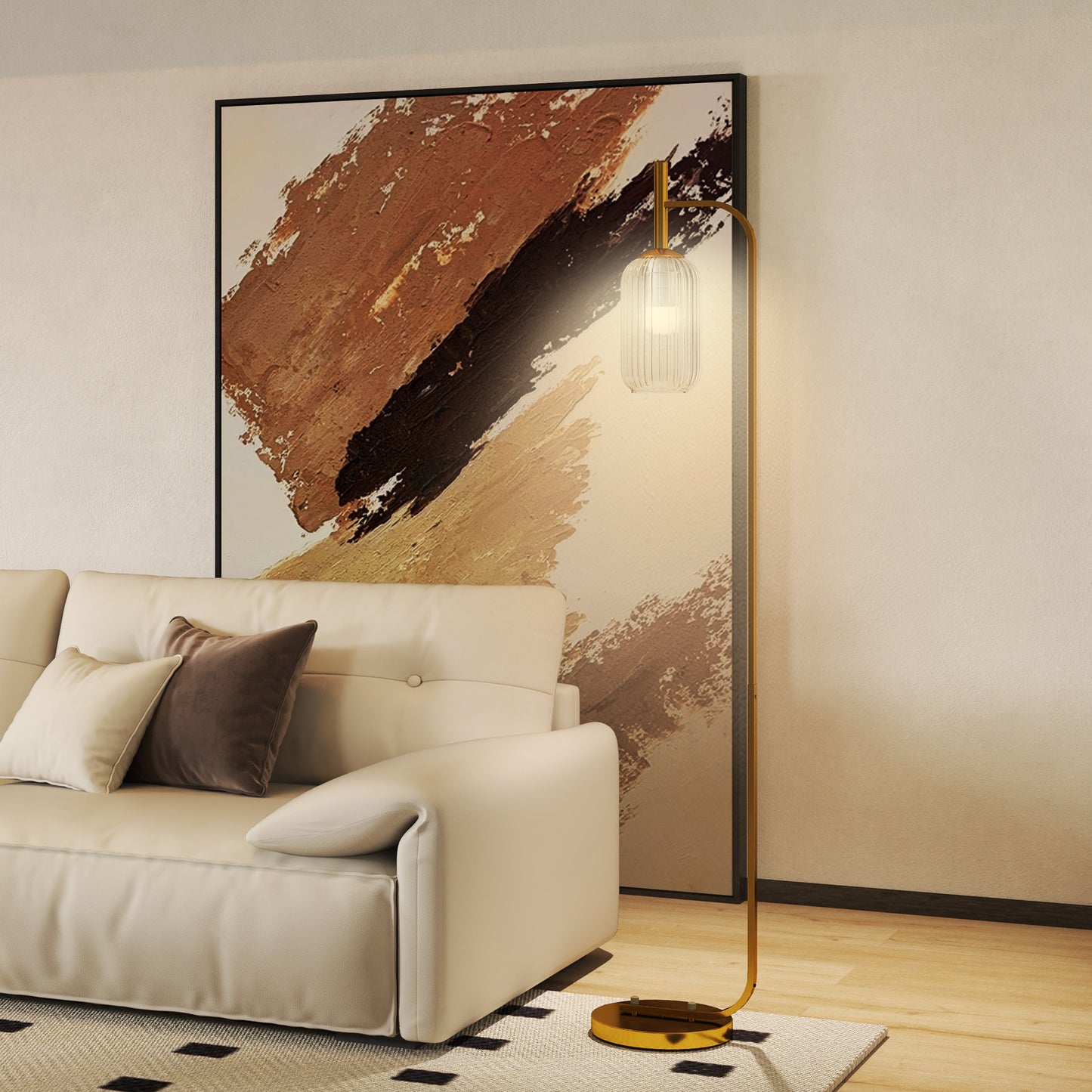 HOMCOM LED Floor Lamp for Living Room with Glass Lampshade, Modern Standing Lamp with Foot Switch, Adjustable Brightness, 2700K for Bedroom, Gold Tone