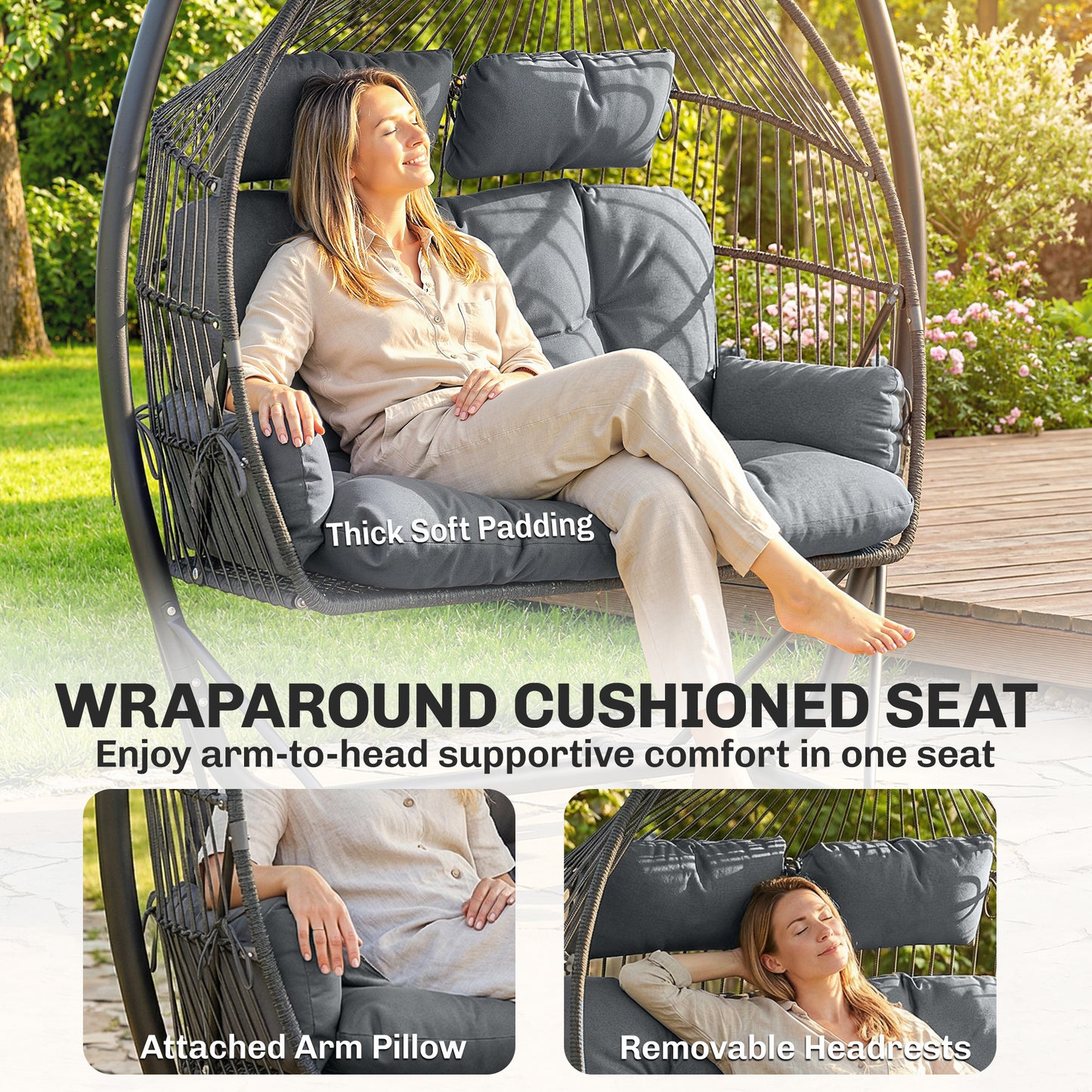 Outsunny Double Hanging Egg Chair with Canopy, Rattan Garden Egg Swing Chair with Cushion, Stand for Indoor Outdoor, Dark Grey