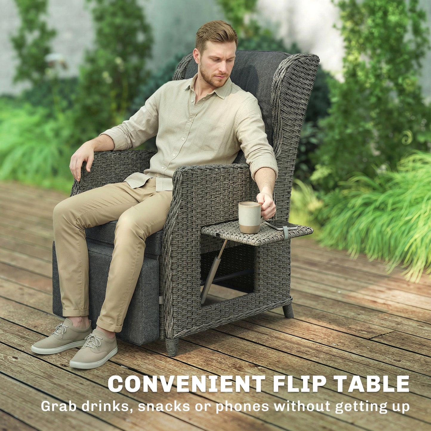 Outsunny Rattan Garden Recliner Chair, Reclining Garden Chair with Adjustable Back and Footrest, Flip Table, Cushion, Dark Grey