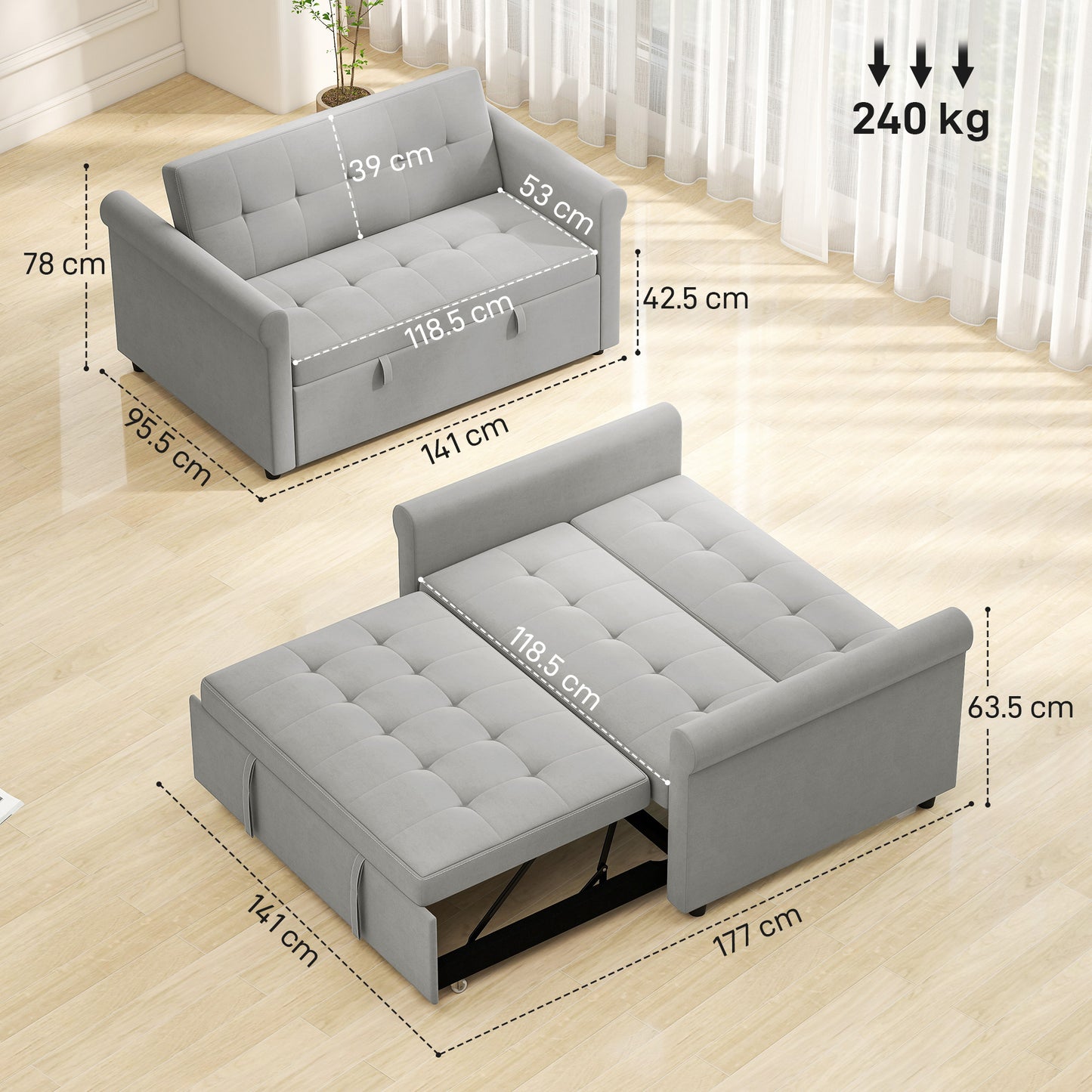 HOMCOM Two-Seater Velvet-Feel Sofa Bed - Grey
