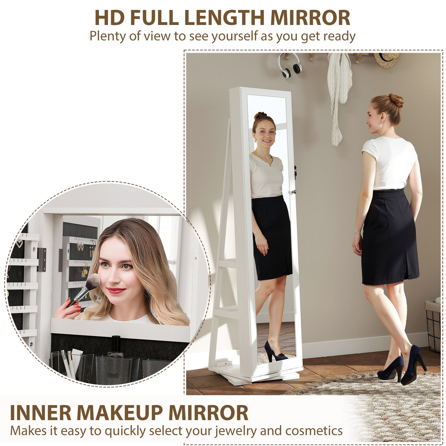 HOMCOM 360Â° Swivel Jewellery Cabinet, Free Standing Full Length Mirror with Storage, Lockable Jewellery Organiser with Built-in Makeup Mirror and Storage Shelves for Bedroom, White