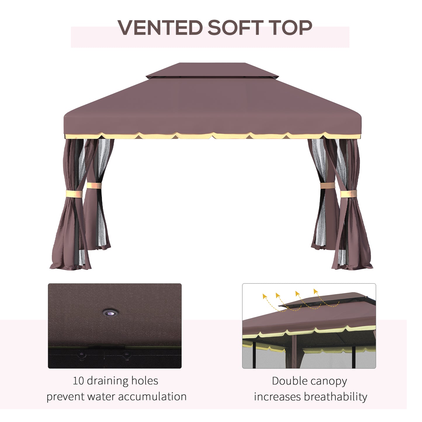 Outsunny 3 x 4m Aluminium GardenÂ Gazebo, Marquee Canopy Shelter Pavilion Party Tent with Nets and Curtains for Garden and Deck, Coffee