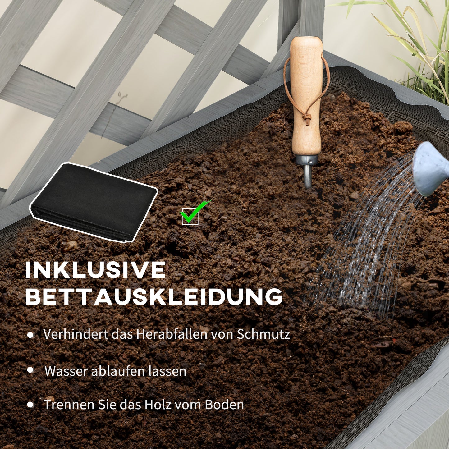 Outsunny 52L Wooden Planter with Trellis, Freestanding Raised Bed for Garden with Hanging Roof, Shelves, Drainage Holes and Bed Liner, Outdoor Planter Box for Climbing Plants Vegetables Flowers, Grey