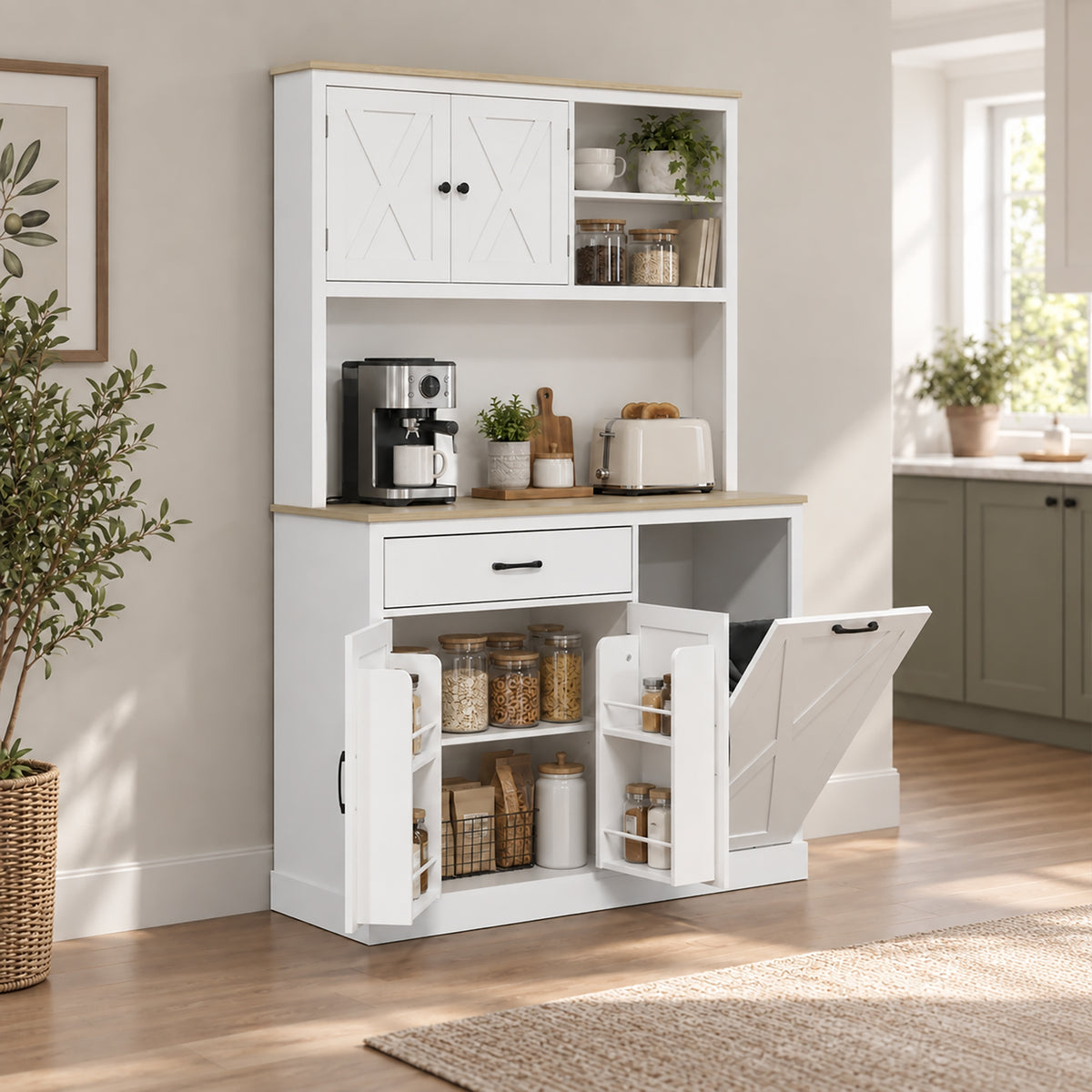 HOMCOM Pantry Cabinet with Charging Station, Microwave Stand, Rubbish Bin Cabinet, Adjustable Shelves, Barn Style Doors, White
