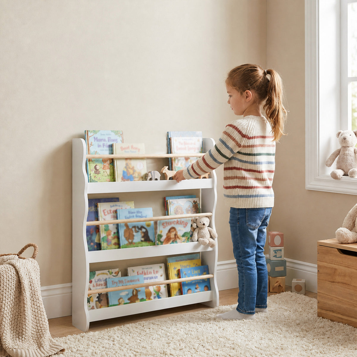 AIYAPLAY 3-Tier Kids Bookshelf Wall Mounted, Kids Bookcase for Playroom, Living Room for Toddlers and Children Aged 3-8, White