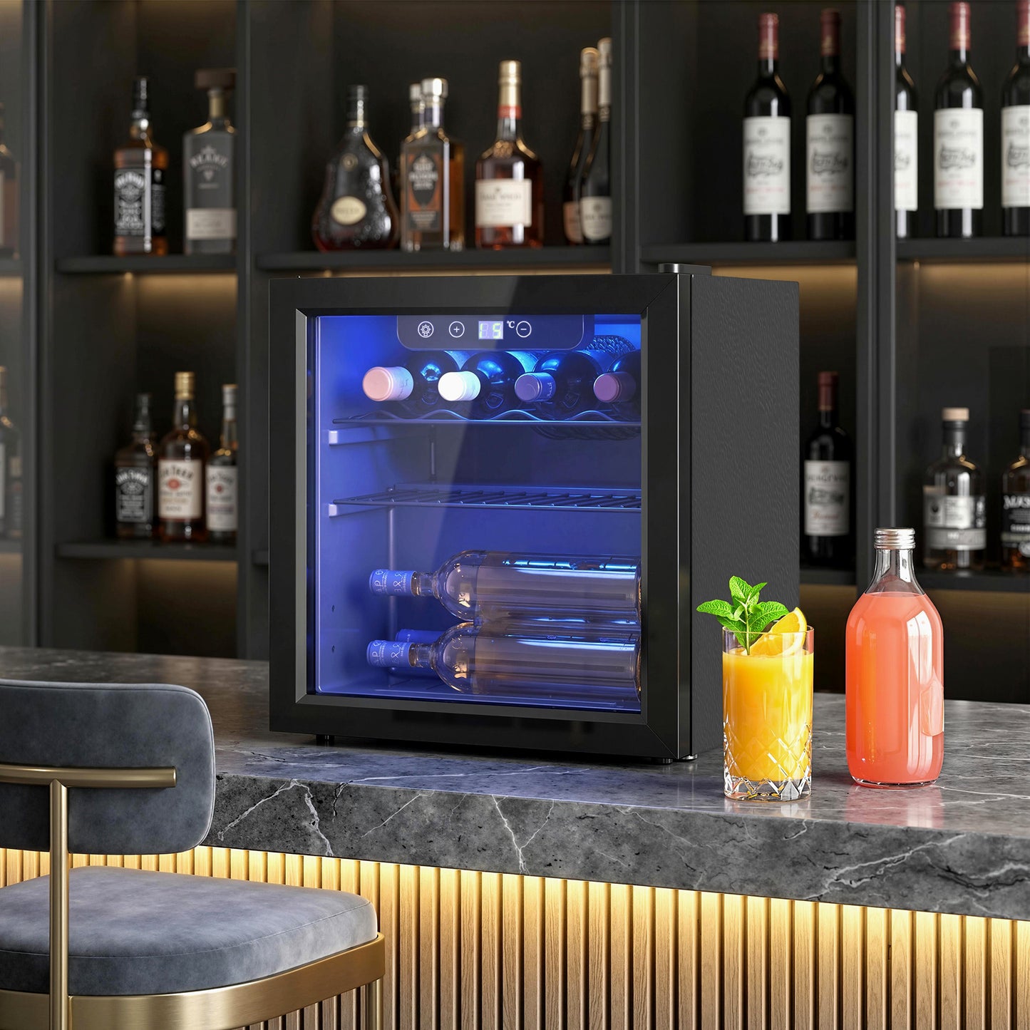 HOMCOM 12 Bottle Wine Cooler, 36 Litre Capacity, 4-16Â°C Under Counter Drinks Beer Wine Fridge with Glass Door, LED Light, Black