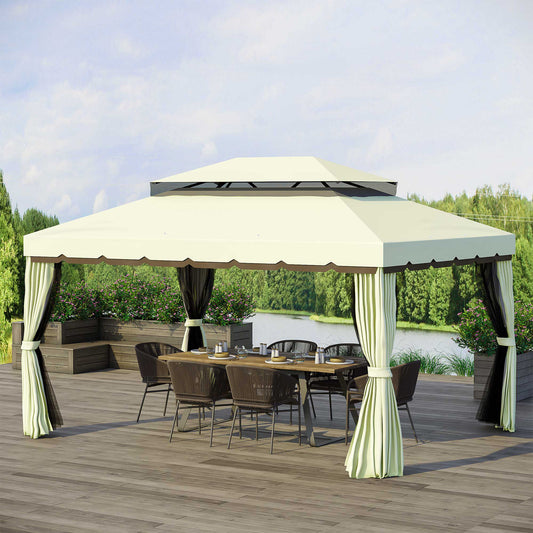 Outsunny 4 x 3 m Aluminum Garden Gazebo, Double Roof Outdoor Gazebo Canopy Shelter with Netting & Curtains for Garden, Lawn, Backyard and Deck, Cream