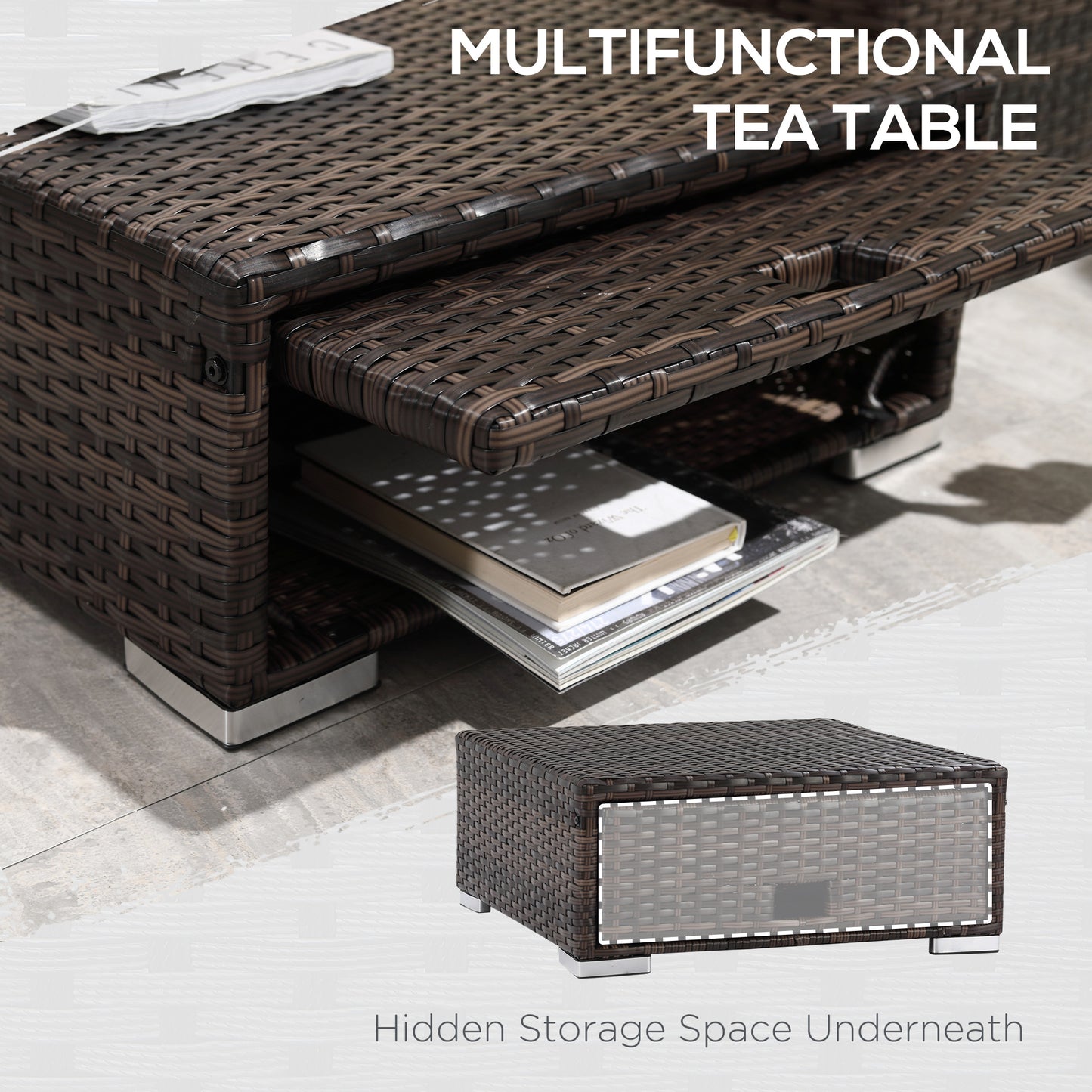 Outsunny 3 Pieces Rattan Garden Furniture Sofa Set, 4 Seater Garden Corner Sofa with 5-Level Reclining Sun Lounger and Storage Coffee Table, Outdoor Furniture Conservatory Set with Cushions, Brown