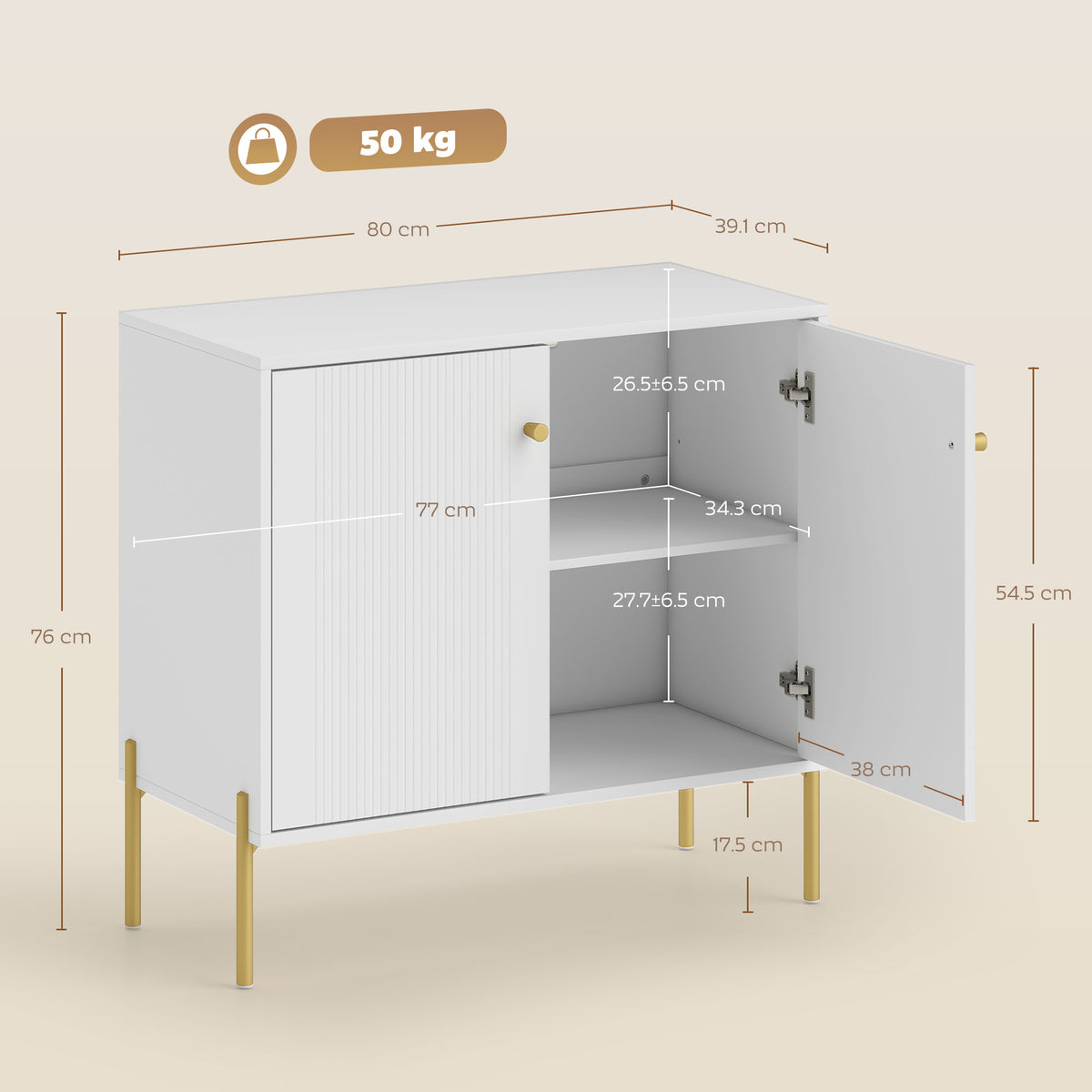 HOMCOM Modern Sideboard Cabinet with Fluted Doors, Kitchen Storage Cabinet with Adjustable Shelf and Steel Legs, White