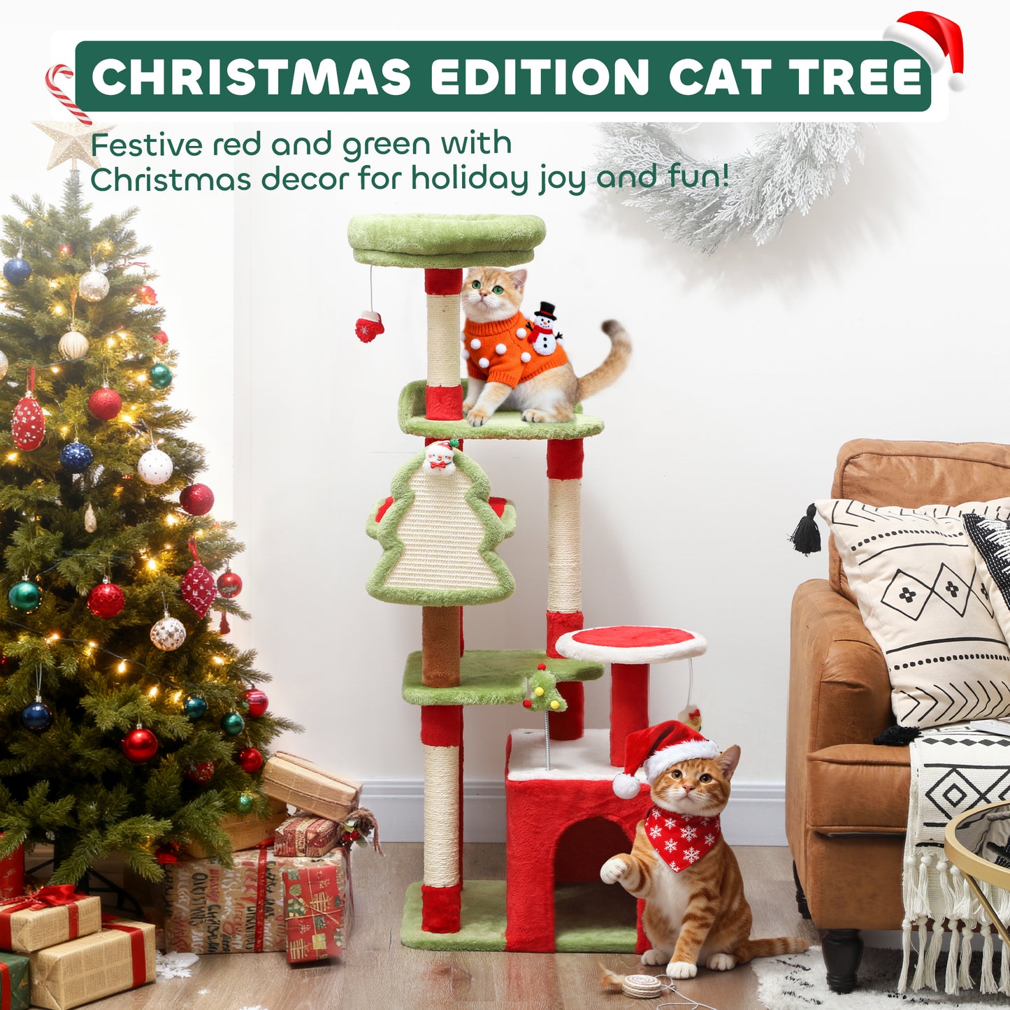 PawHut Cat Tree, 120cm Christmas Cat Tower with 3 Scratching Posts, Scratching Board, 2 Perches, Platforms, Toys, Green