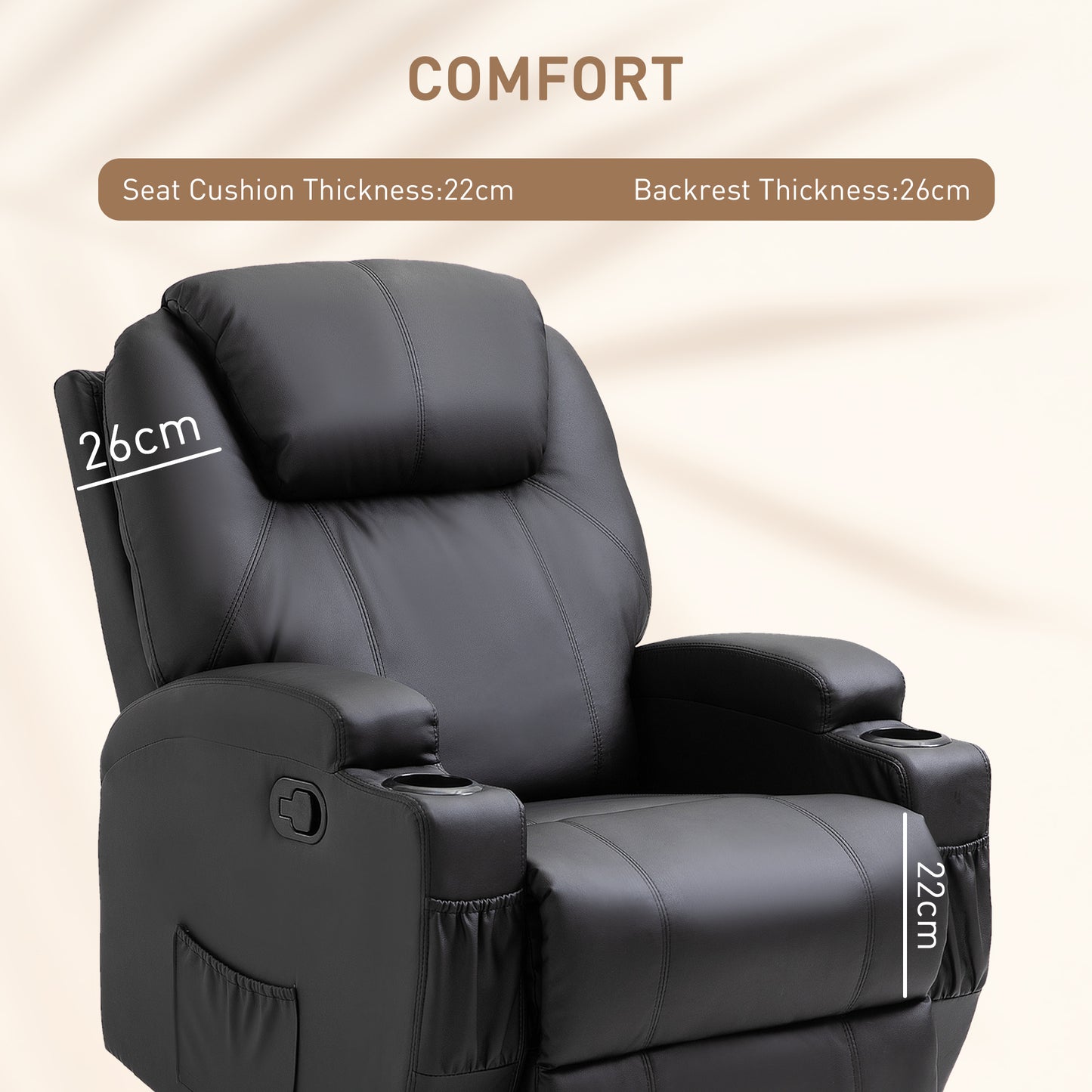 HOMCOM Recliner Chair, Recliner Massage Rocker Chair with 360Â° Rotate, 165Â° Reclining Function, Adjustable Footrest, Swivel Armchair Single Sofa for Living Room with Drink Holders, Side Pockets, Black
