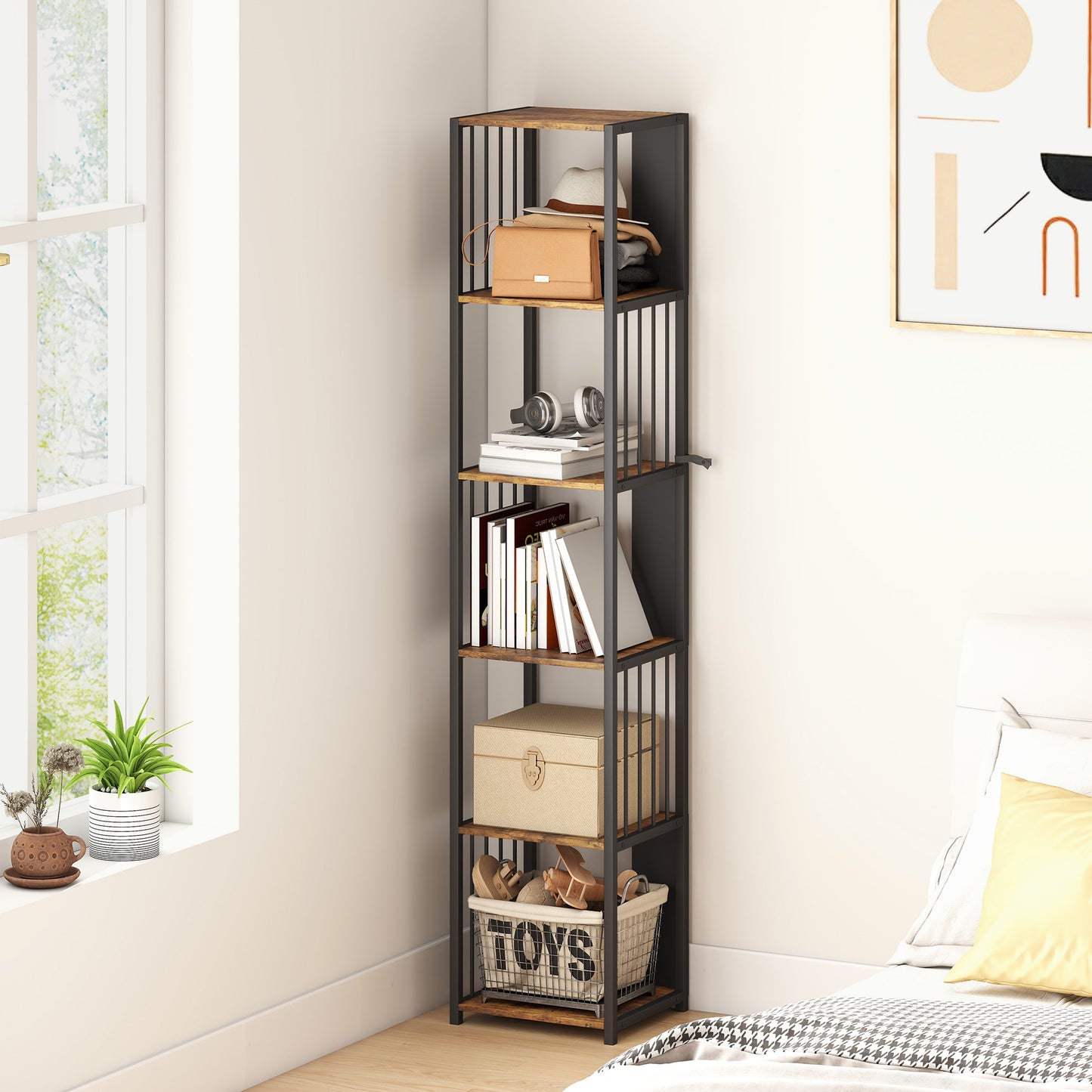 HOMCOM 5-Tier Bookshelf with Steel Frame - Rustic Brown