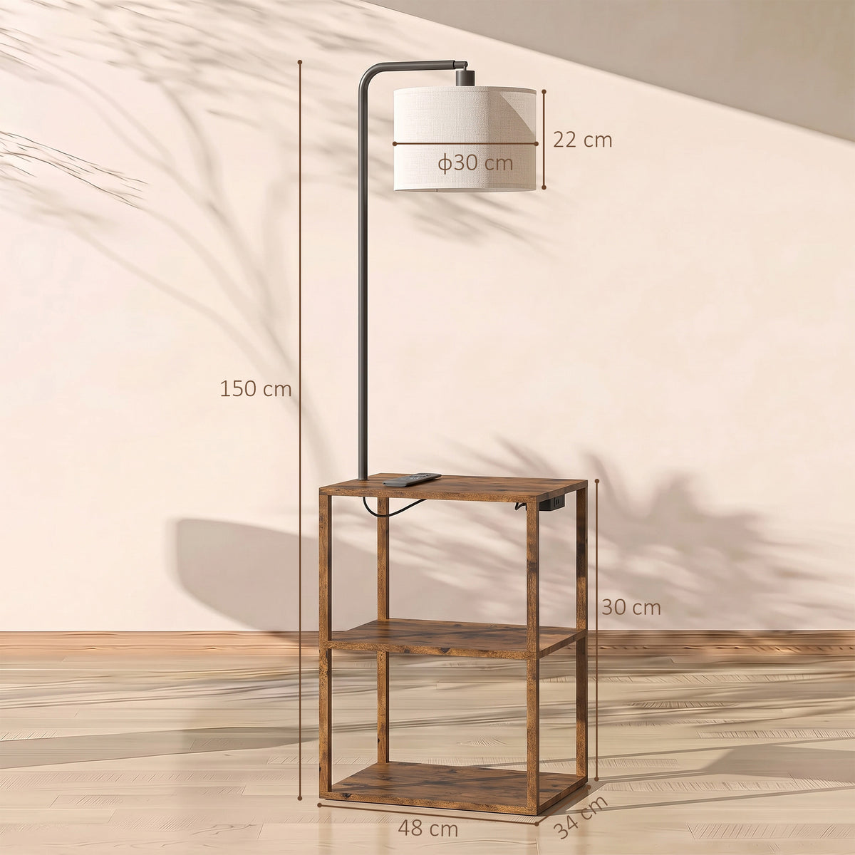 HOMCOM Dimmable Floor Lamp with Shelves, Charging Station, 3-Tier Storage Table, Adjustable Fabric Lampshade, Rustic Brown
