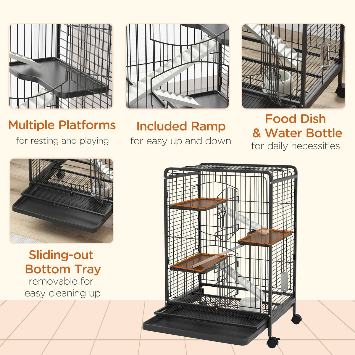 PawHut 4 Levels Removable Small Animal Cage, 95cm - Black
