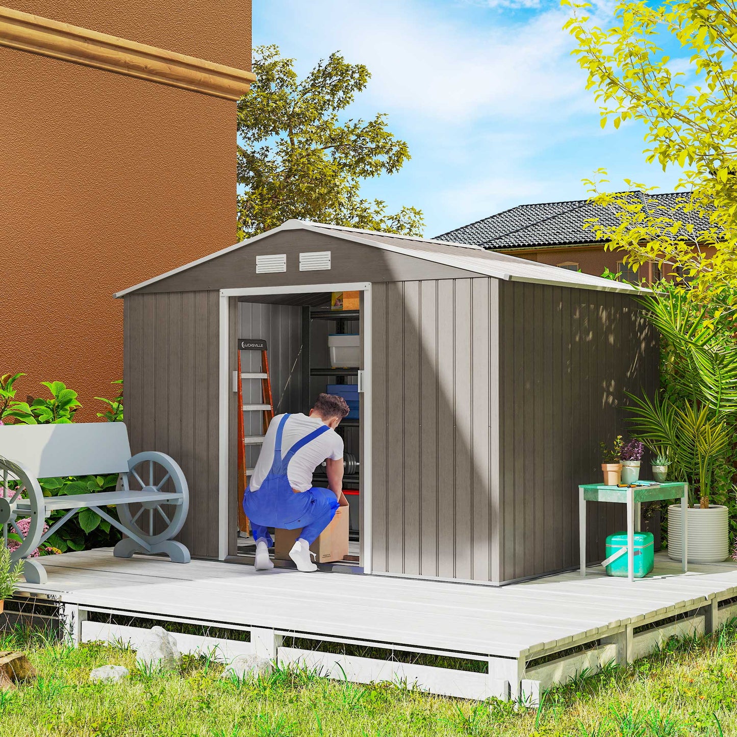 Outsunny 9 x 6ft Steel Garden Shed, Outdoor Storage Tool House with Vents, Foundation and Lockable Double Doors, Brown