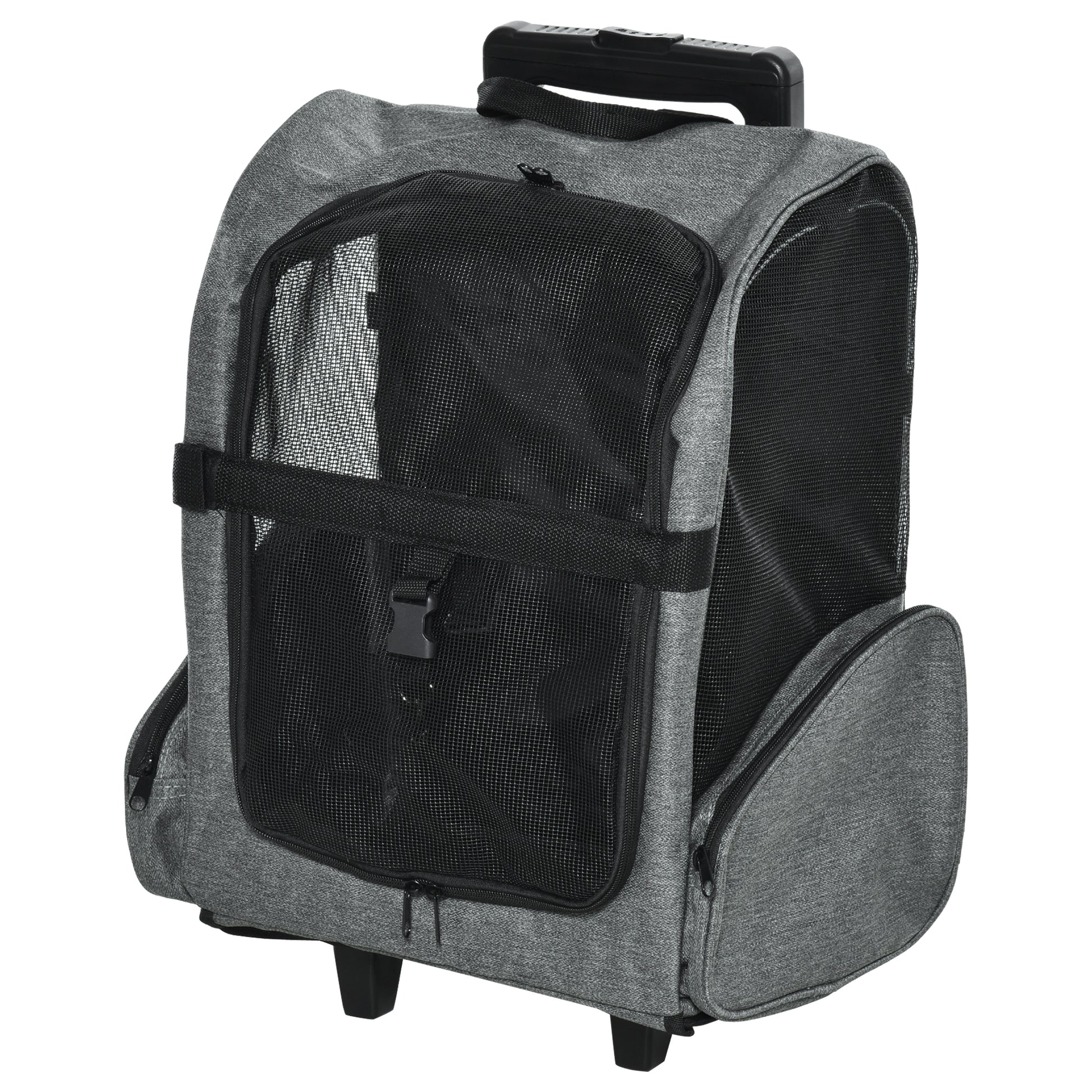 PawHut 2 in 1 Dog Backpack and Trolley, Pet Travel Backpack Cat Dog Carrier with Telescopic Handle, Portable Pet Stroller Wheel Luggage Bag (Grey)