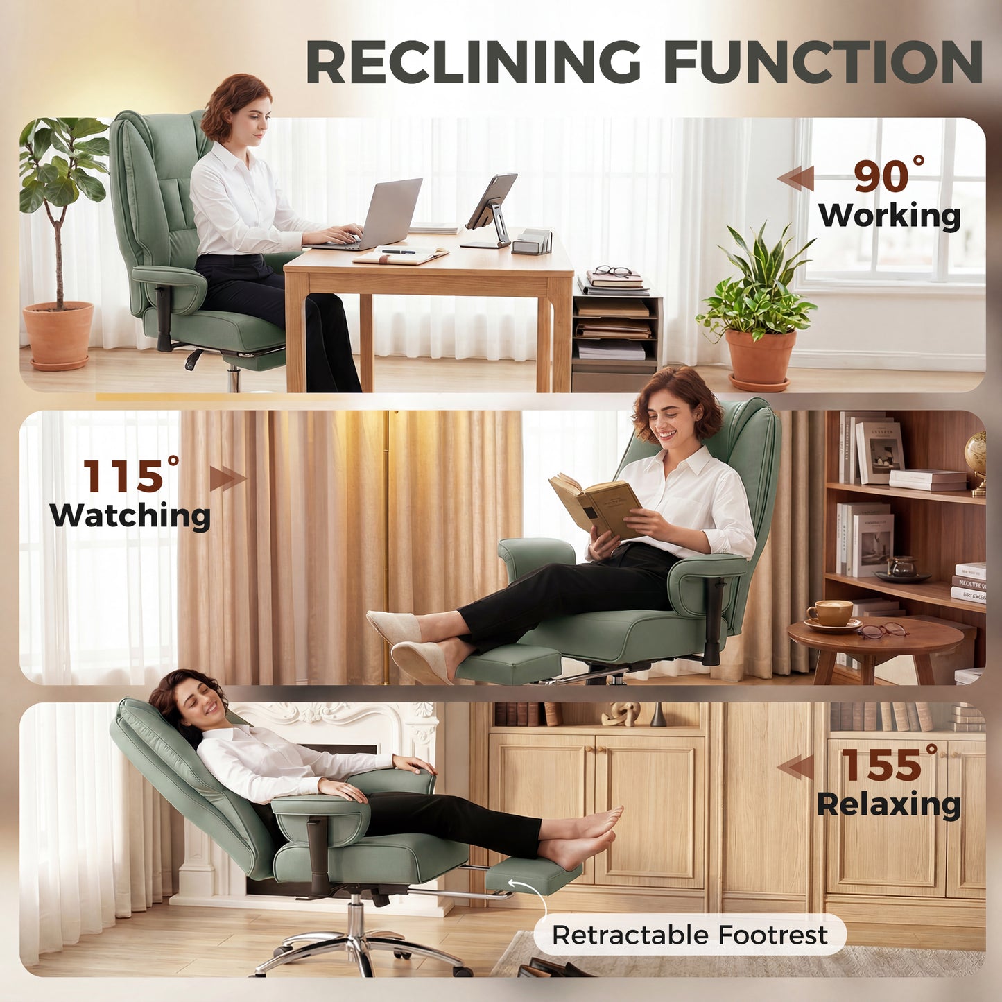 HOMCOM Executive Office Chair, Reclining Desk Chair with Footrest, Adjustable Armrests, Pet Friendly Faux Leather, Green
